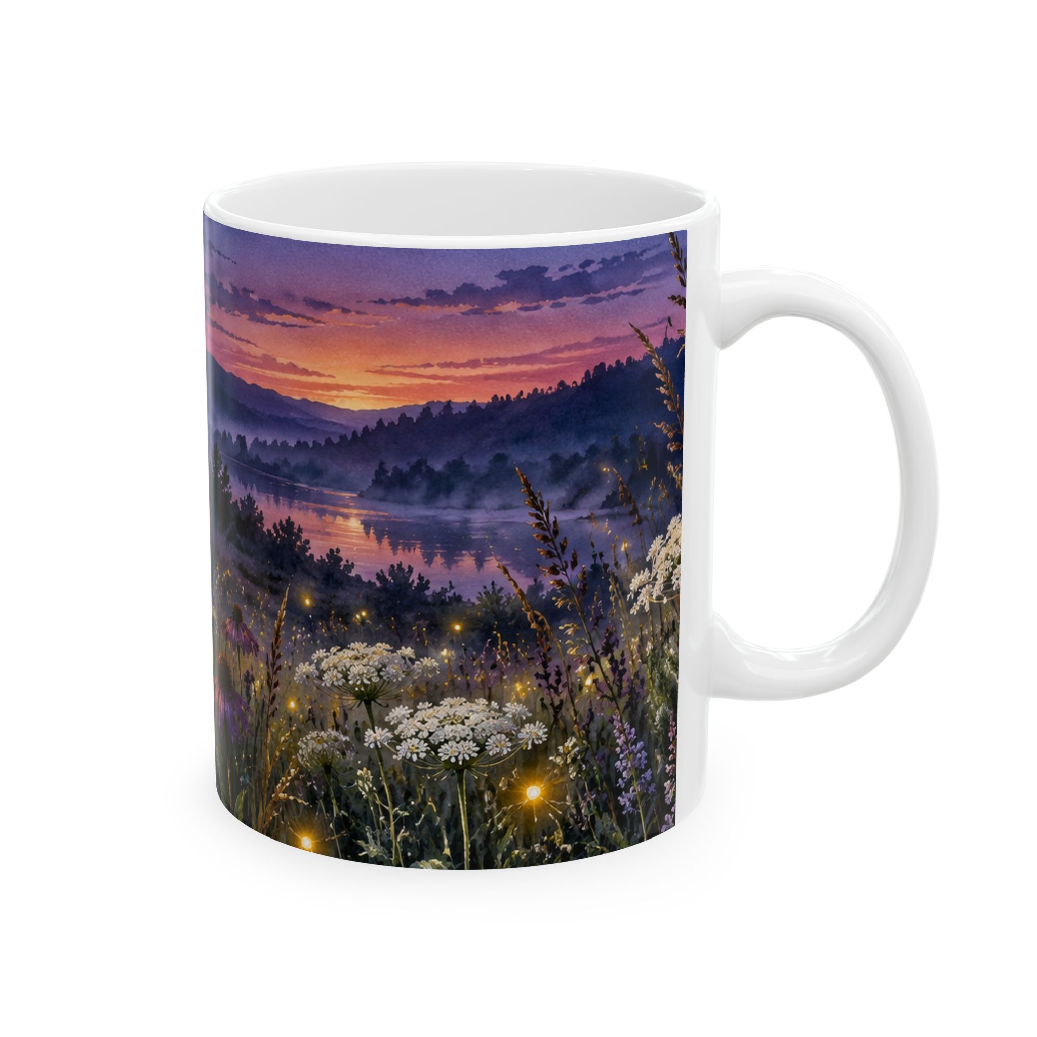 Twilight wildflower mug with glowing fireflies and Queen Anne's lace — view 4