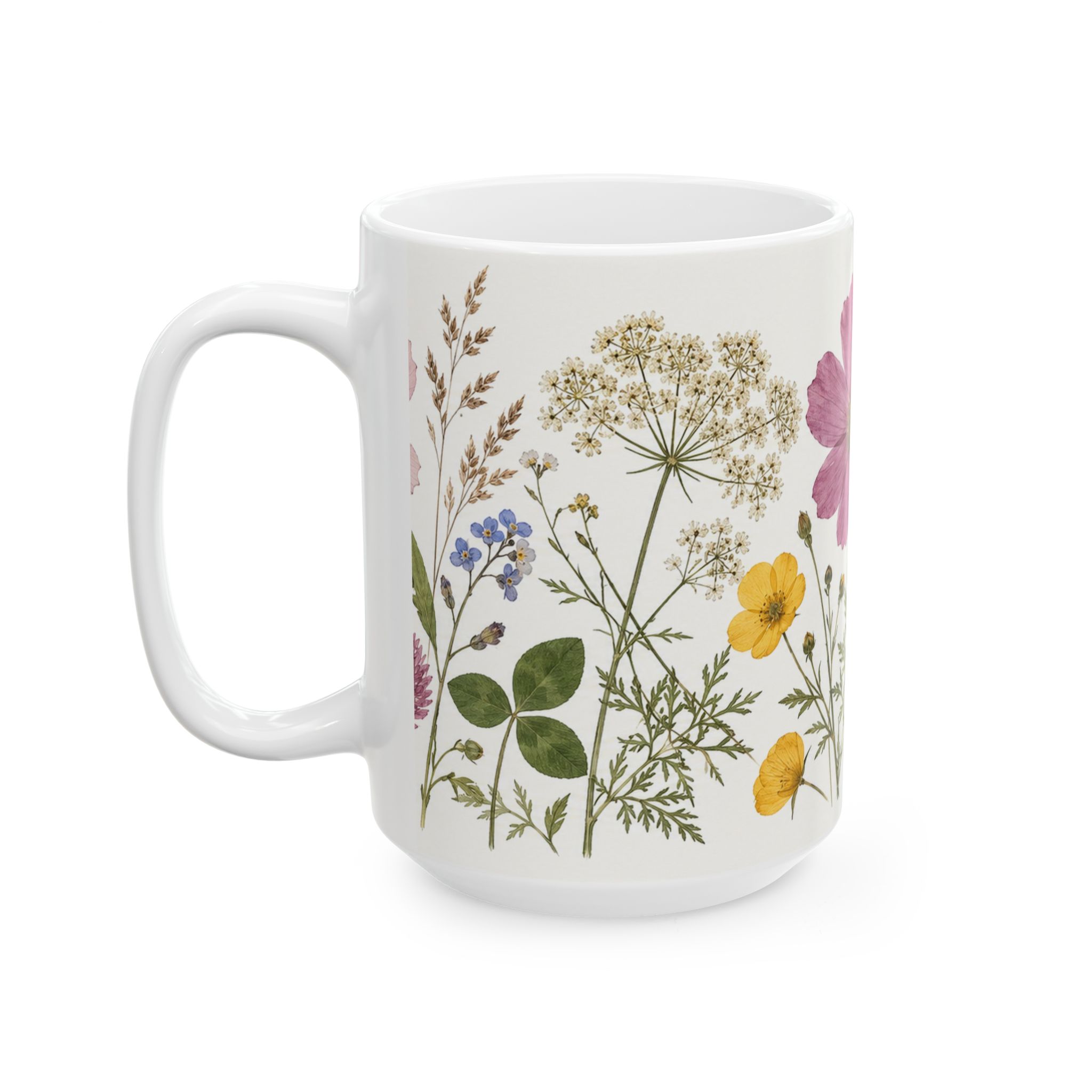 Pressed flower mug with cosmos, forget-me-nots, buttercups and clover — view 7