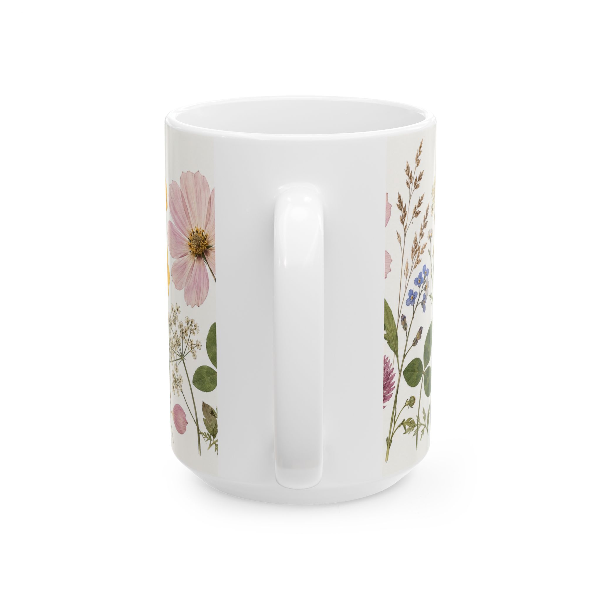 Pressed flower mug with cosmos, forget-me-nots, buttercups and clover — view 6