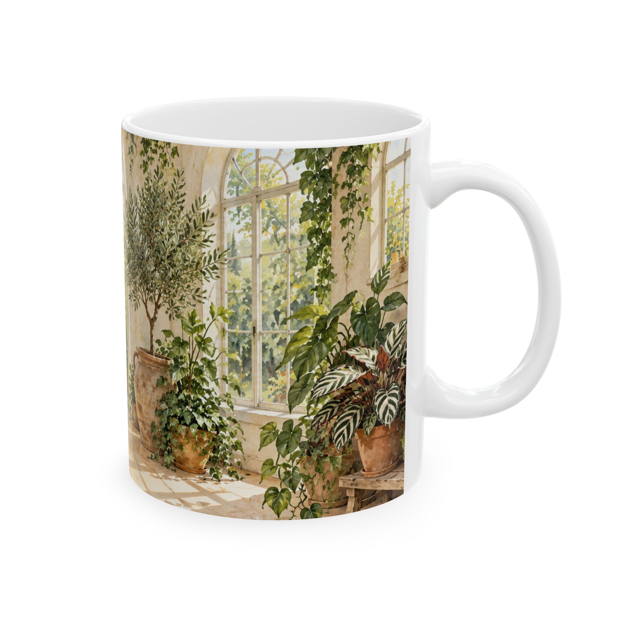 Greenhouse plant mug with monstera, pothos, calathea, ferns and terracotta pots — view 4