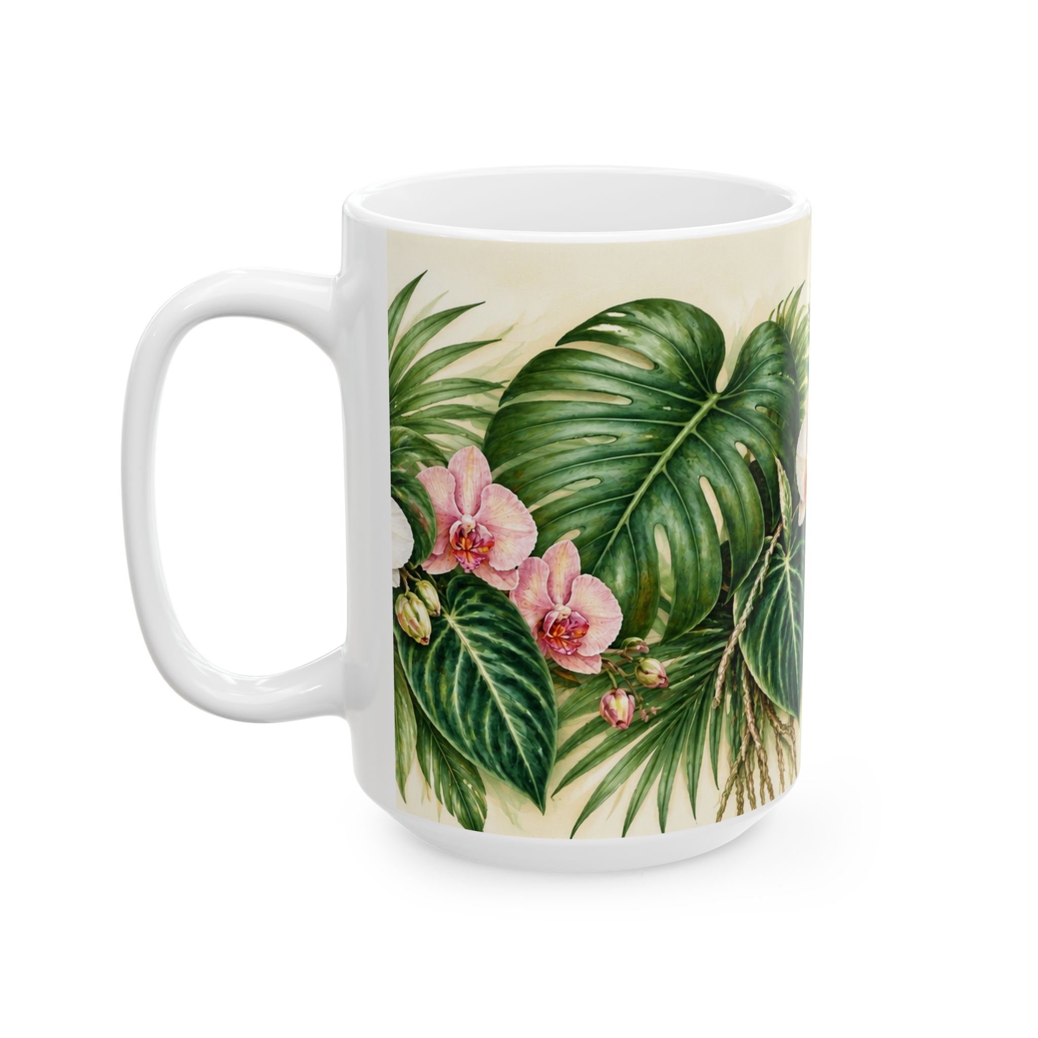 Tropical monstera and orchid botanical coffee mug — view 7
