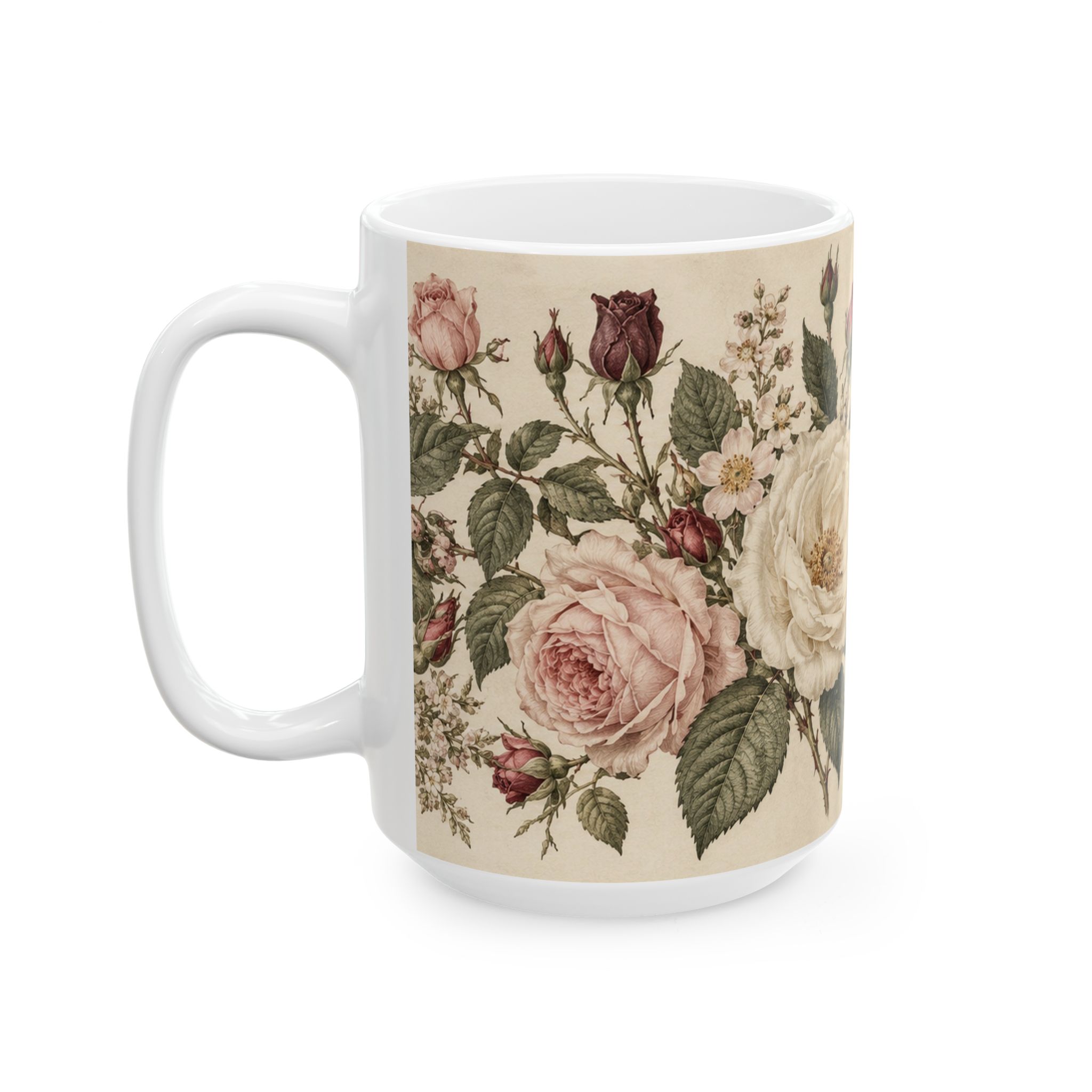 Vintage floral mug with blush, cream and burgundy roses — view 7
