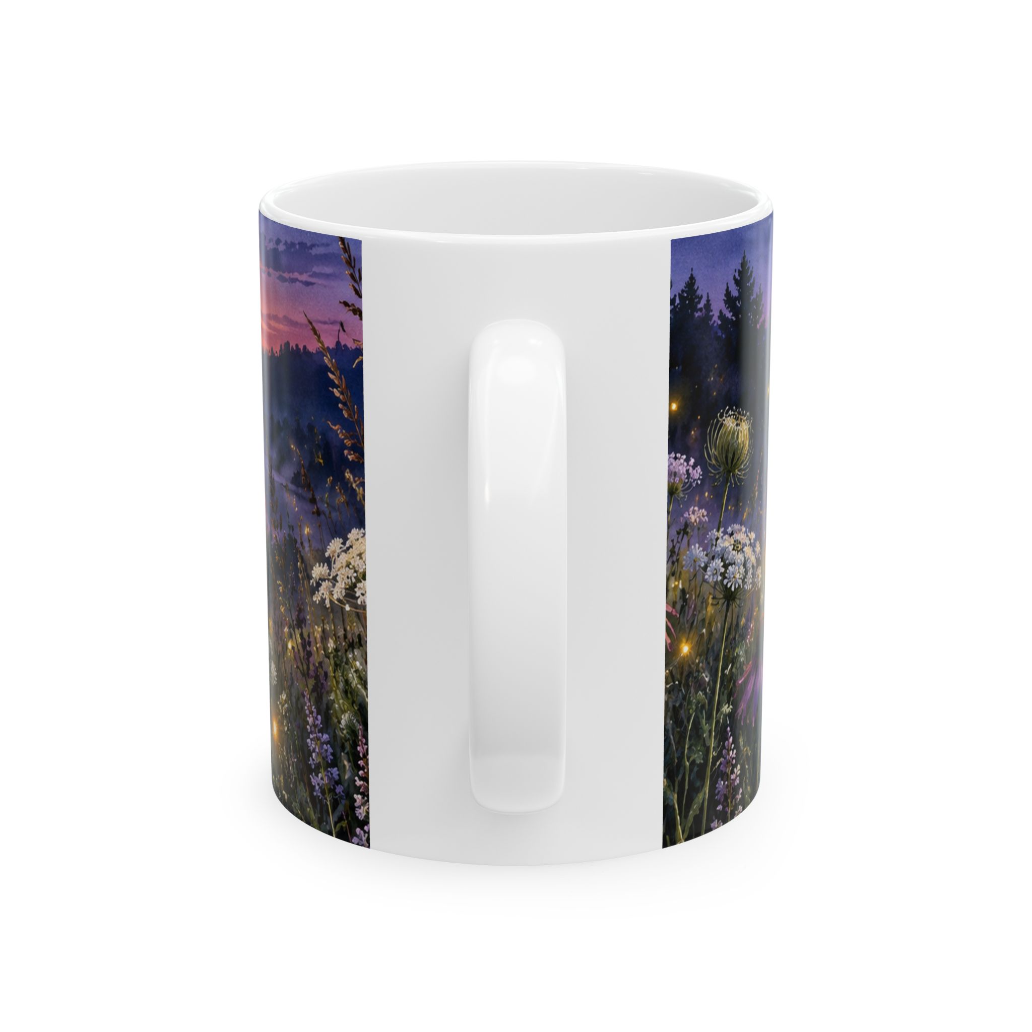 Twilight wildflower mug with glowing fireflies and Queen Anne's lace — view 2
