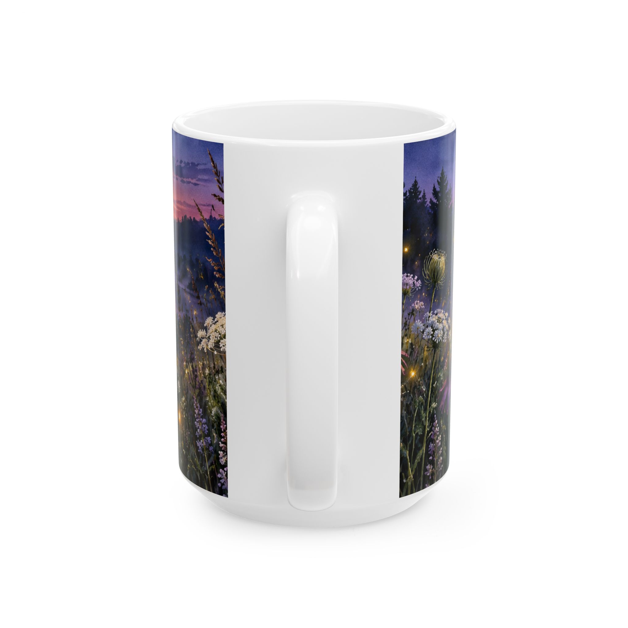 Twilight wildflower mug with glowing fireflies and Queen Anne's lace — view 6