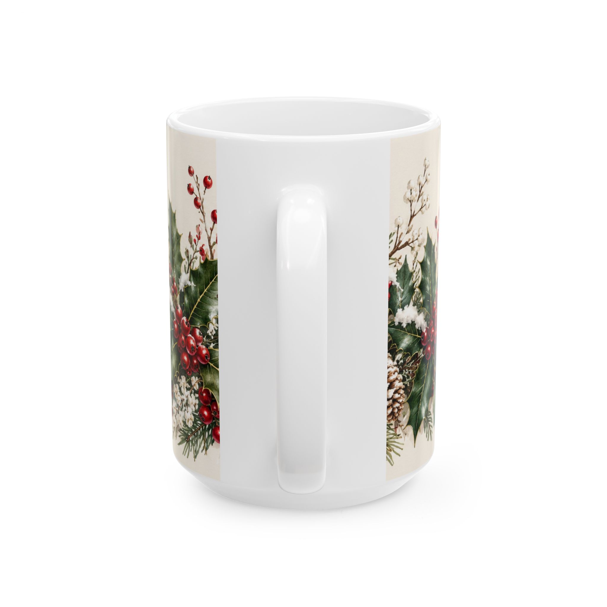 Holly coffee mug with red winterberries snowy greenery and chickadees — view 6