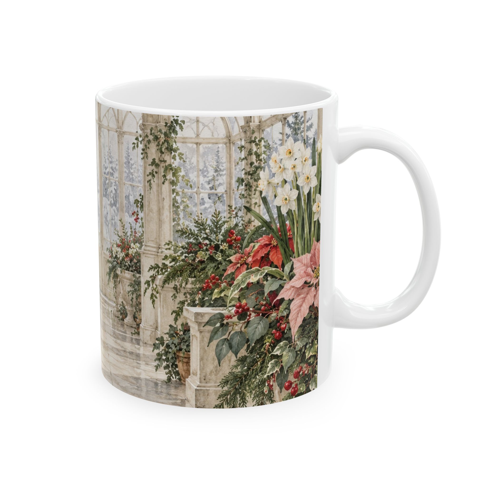 Poinsettia coffee mug with red blush and cream flowers in a winter conservatory — view 4