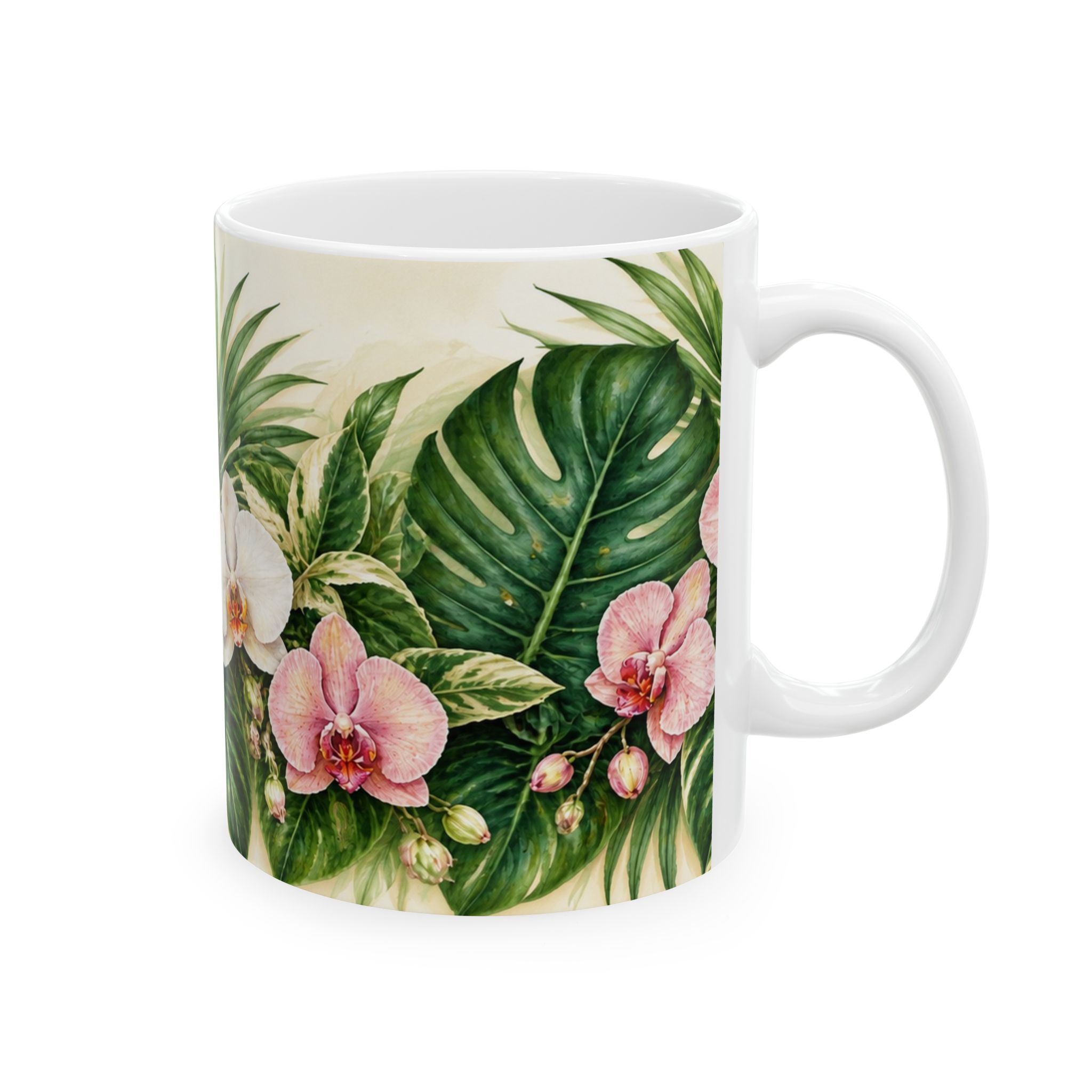 Tropical monstera and orchid botanical coffee mug — view 4