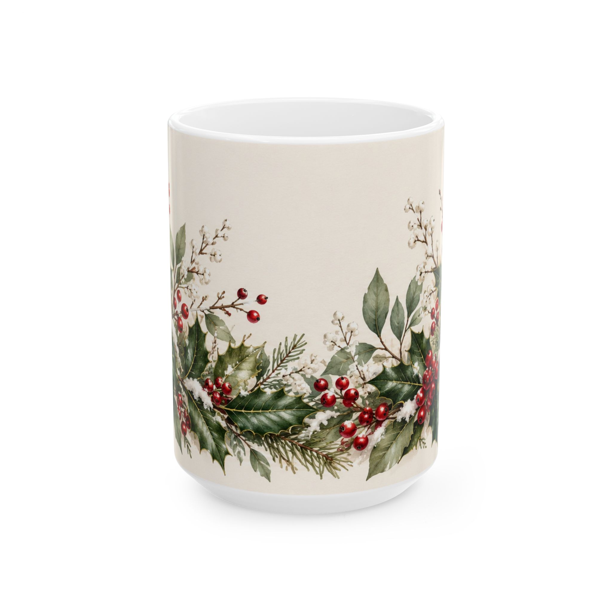 Holly coffee mug with red winterberries snowy greenery and chickadees — view 5