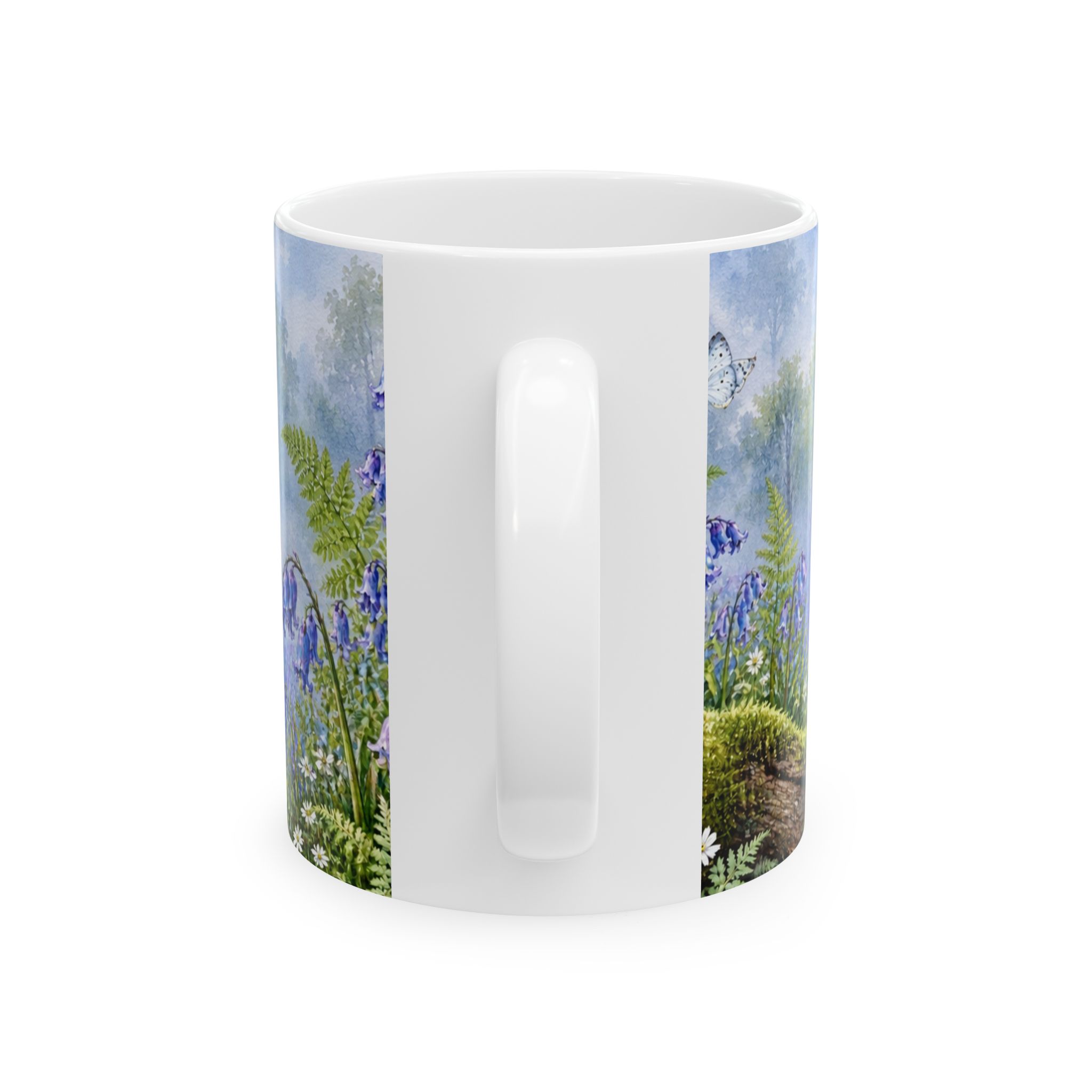 Bluebell woodland floral mug with ferns, moss and butterflies — view 2