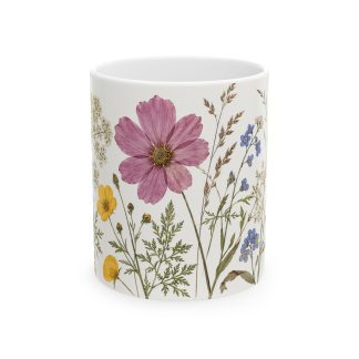 Pressed flower mug with cosmos, forget-me-nots, buttercups and clover