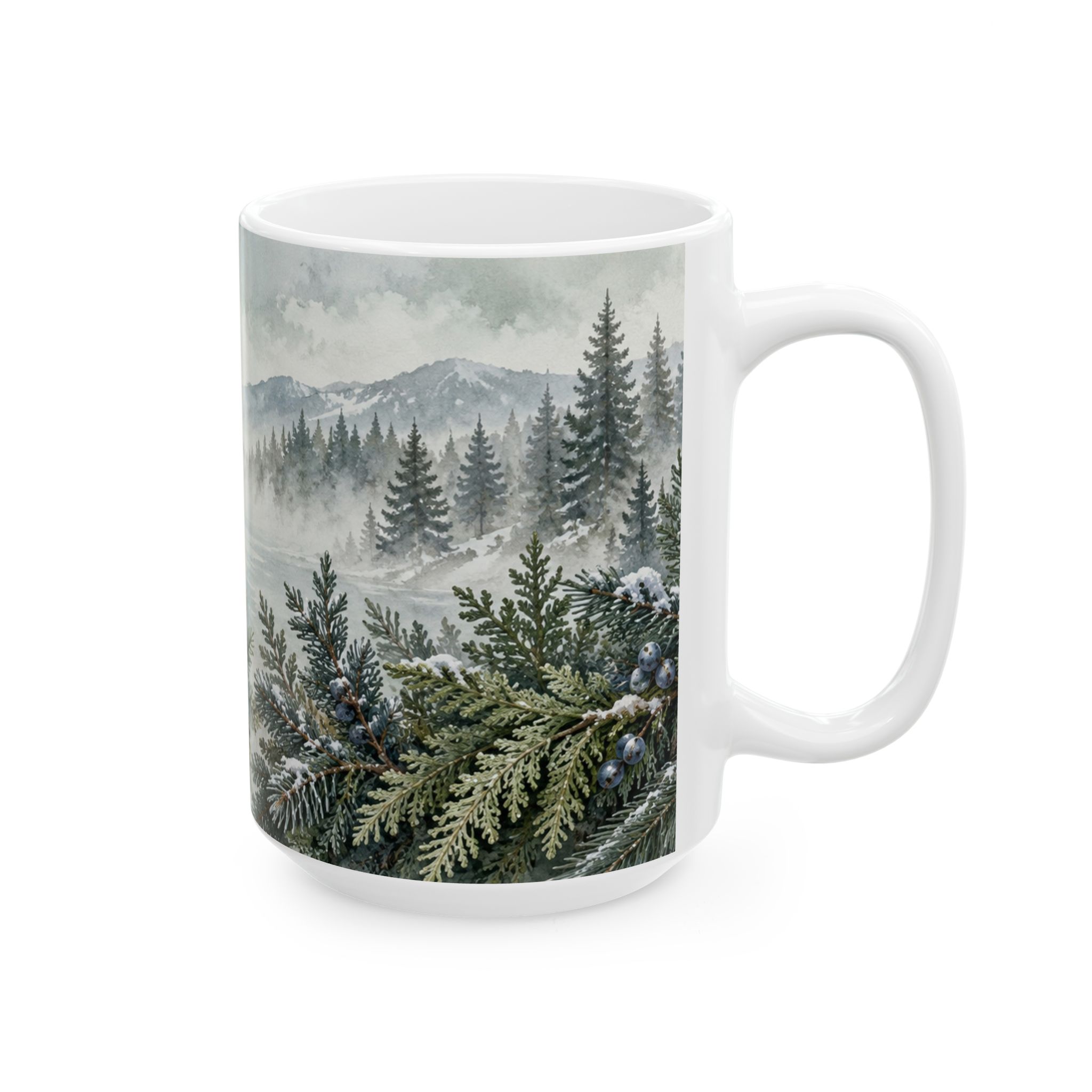 Evergreen coffee mug with snowy pine fir cedar juniper and pinecones — view 8