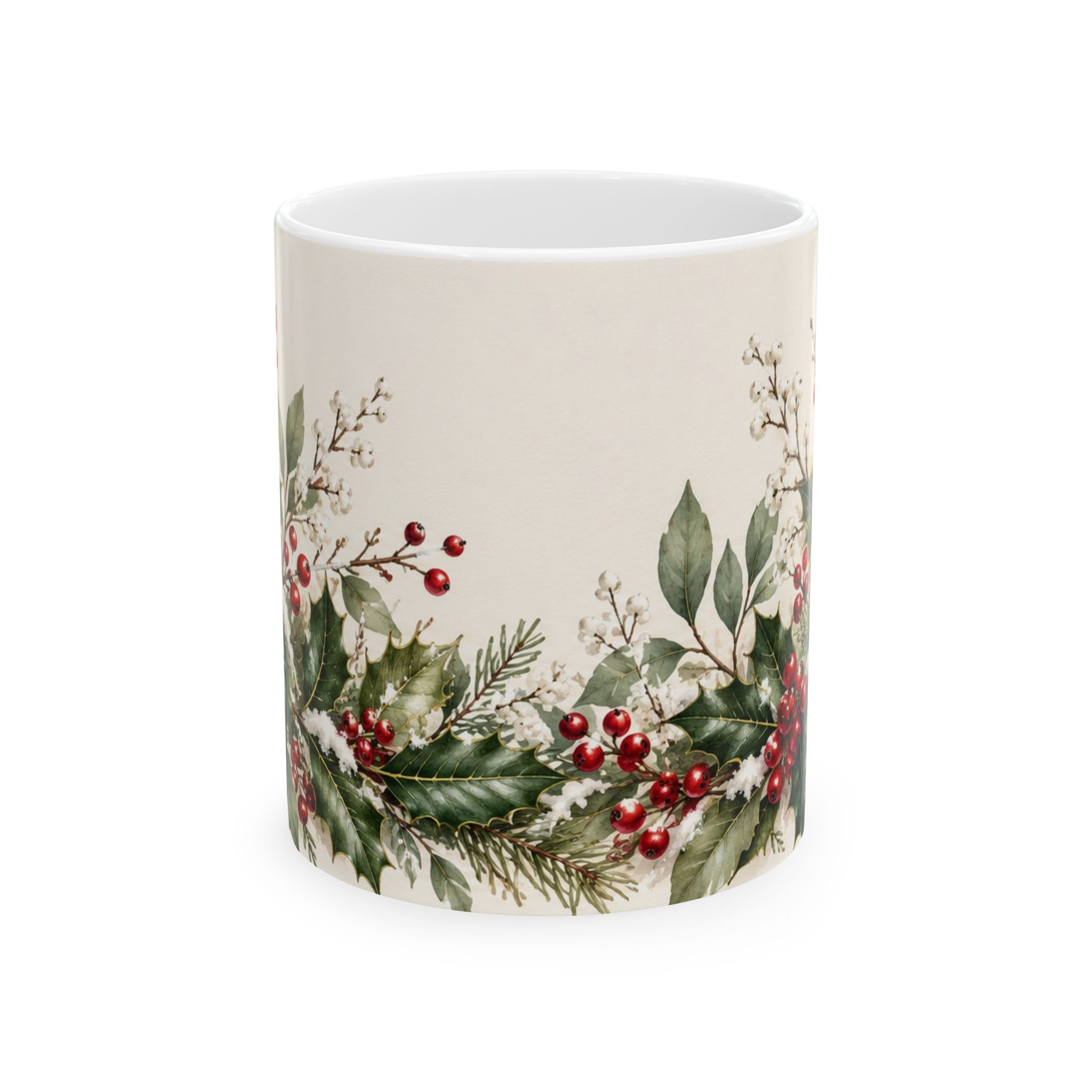 Holly coffee mug with red winterberries snowy greenery and chickadees