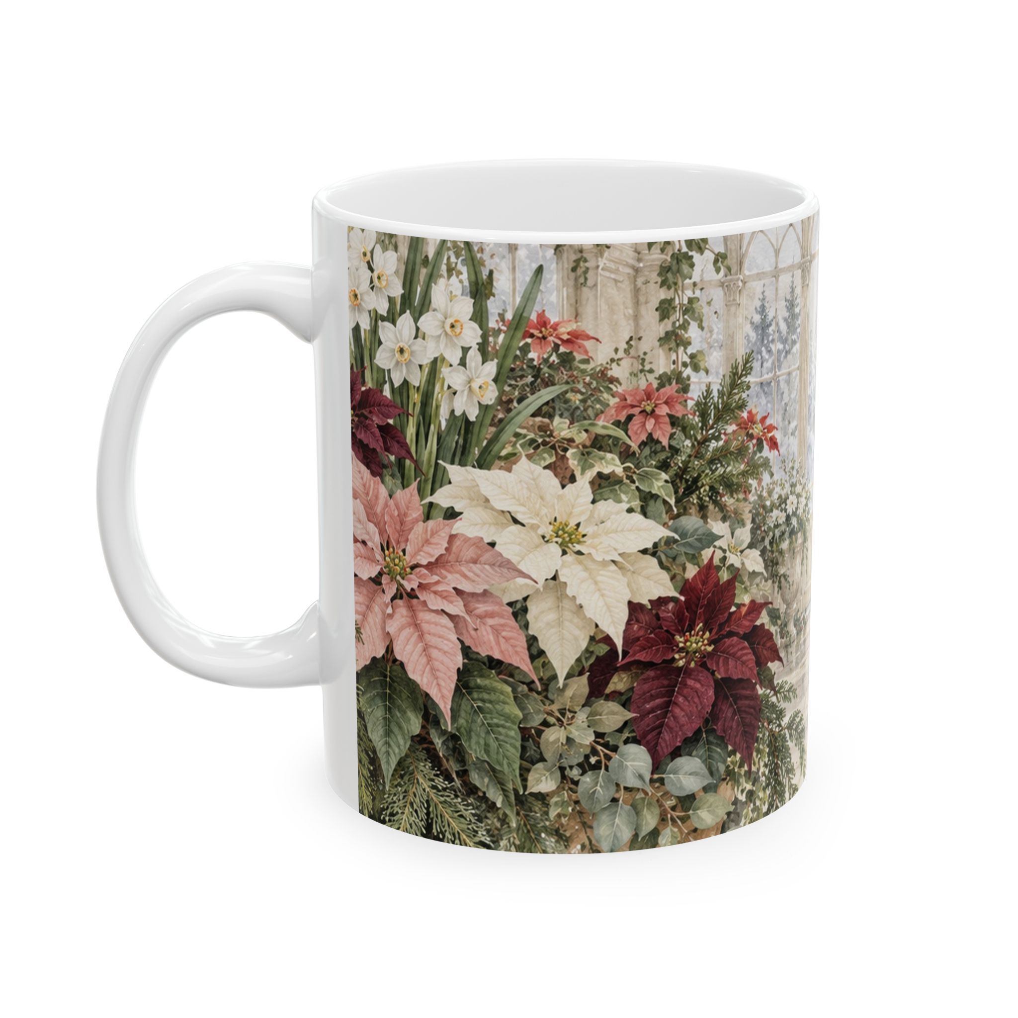 Poinsettia coffee mug with red blush and cream flowers in a winter conservatory — view 3