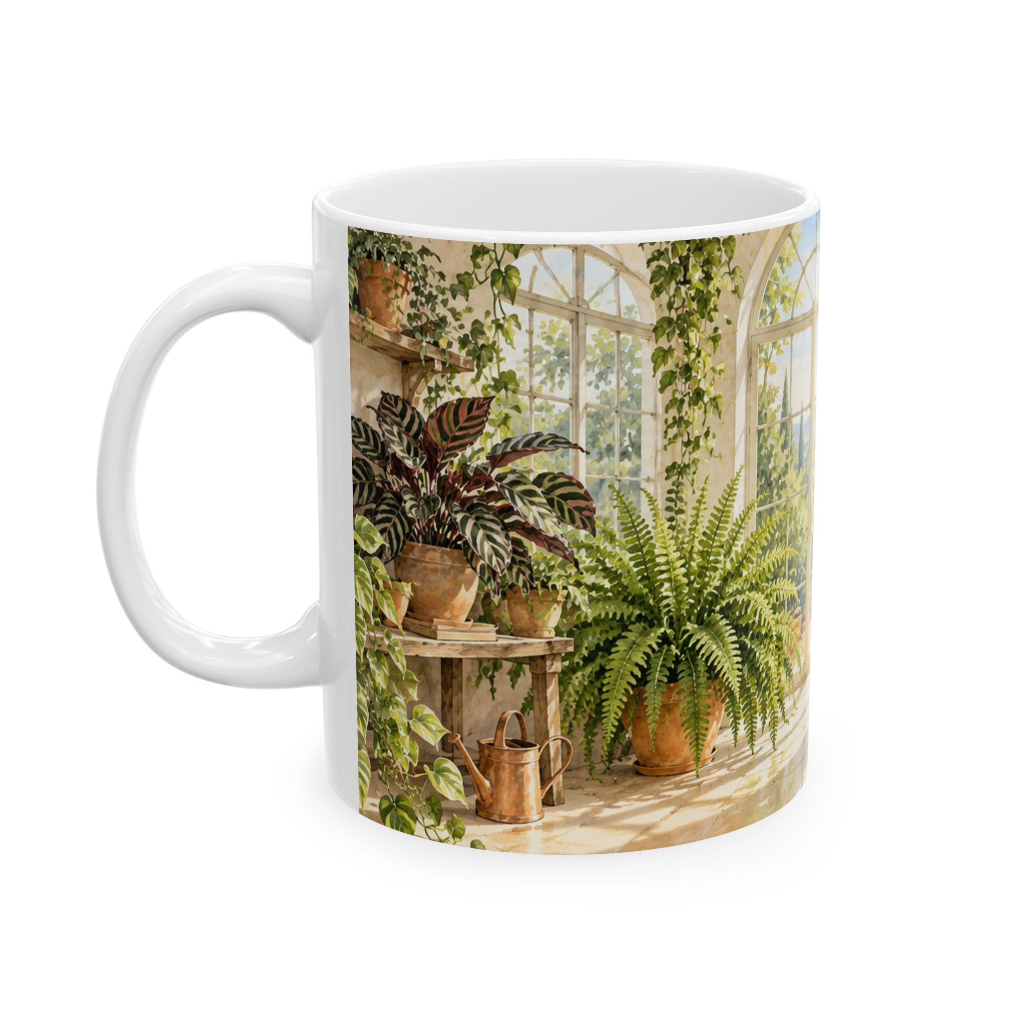 Greenhouse plant mug with monstera, pothos, calathea, ferns and terracotta pots — view 3