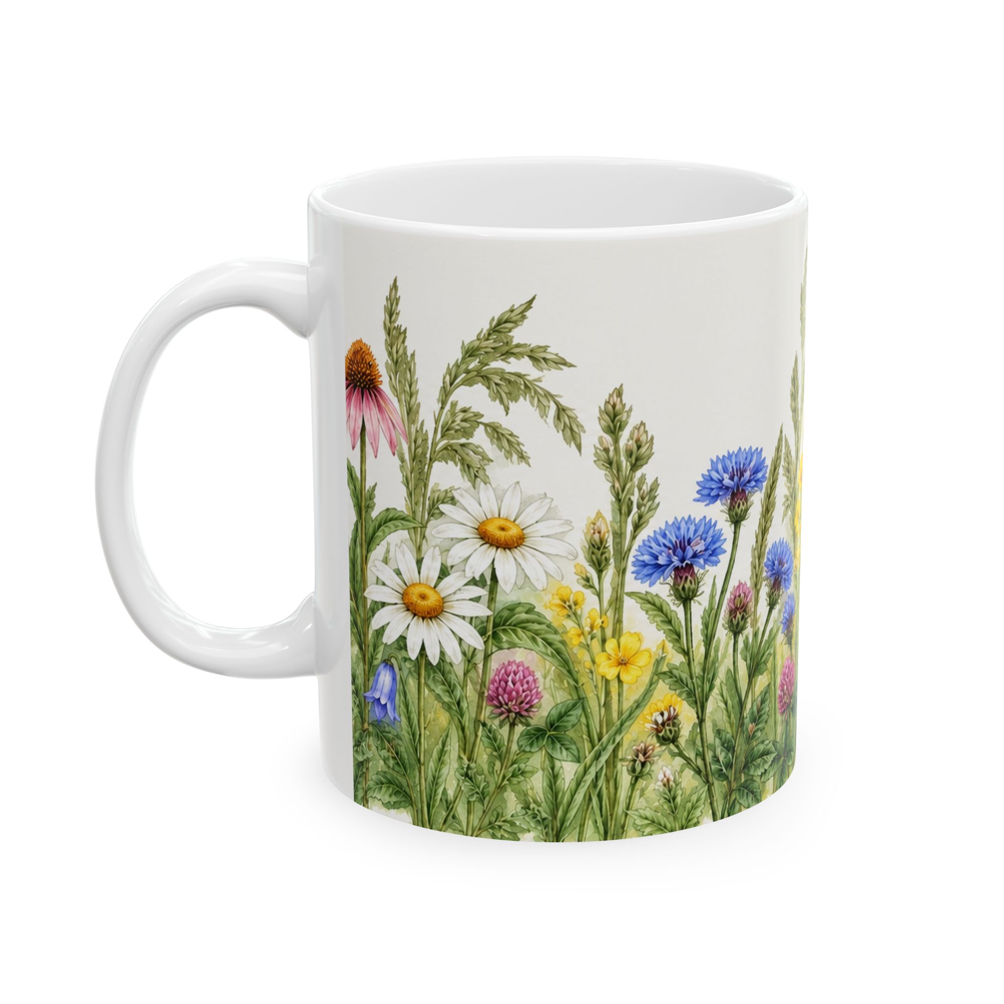 Wildflower coffee mug with daisies, coneflowers and bluebells — view 3