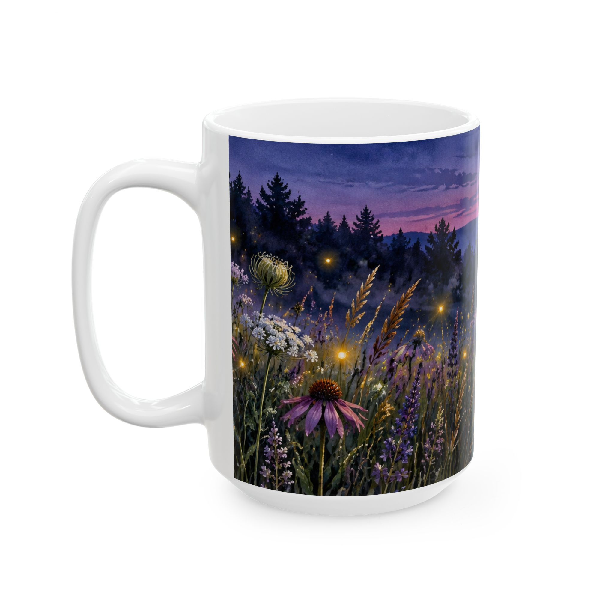 Twilight wildflower mug with glowing fireflies and Queen Anne's lace — view 7