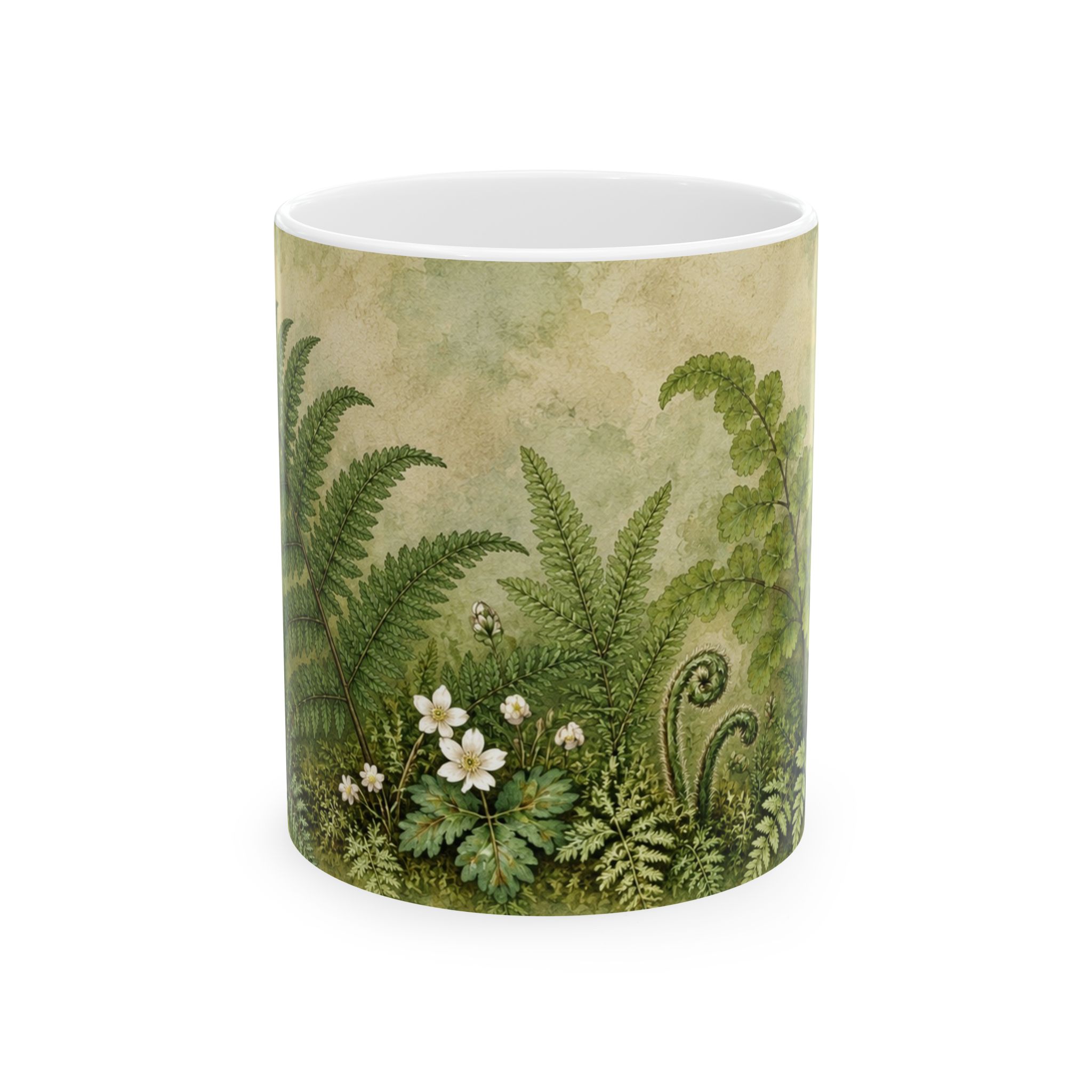 Botanical fern mug with layered woodland greenery