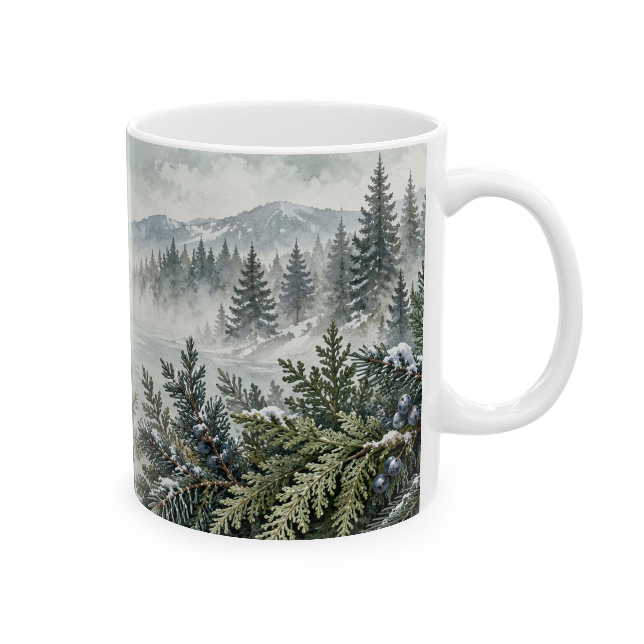 Evergreen coffee mug with snowy pine fir cedar juniper and pinecones — view 4