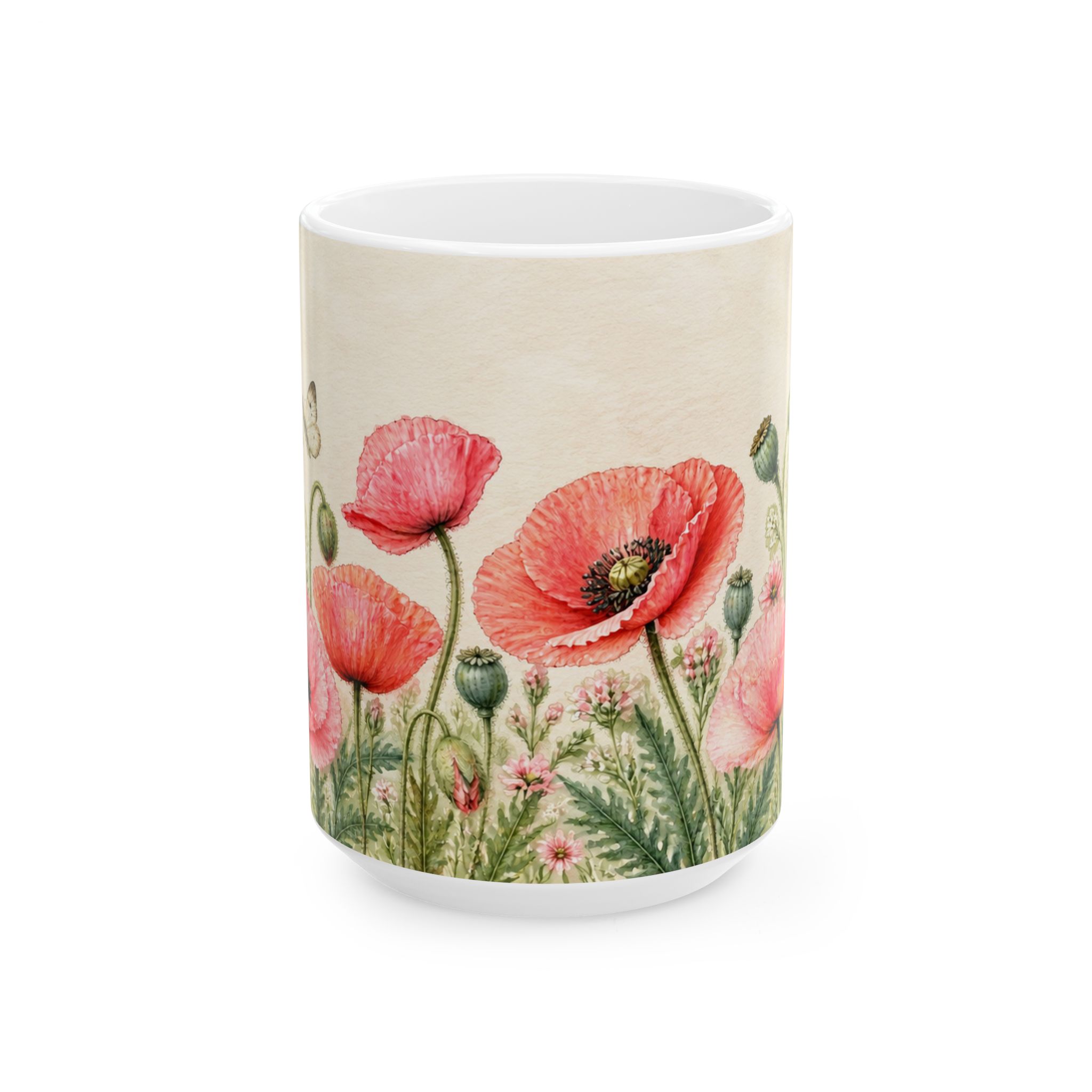 Coral pink poppy floral mug with seed pods and butterflies — view 5
