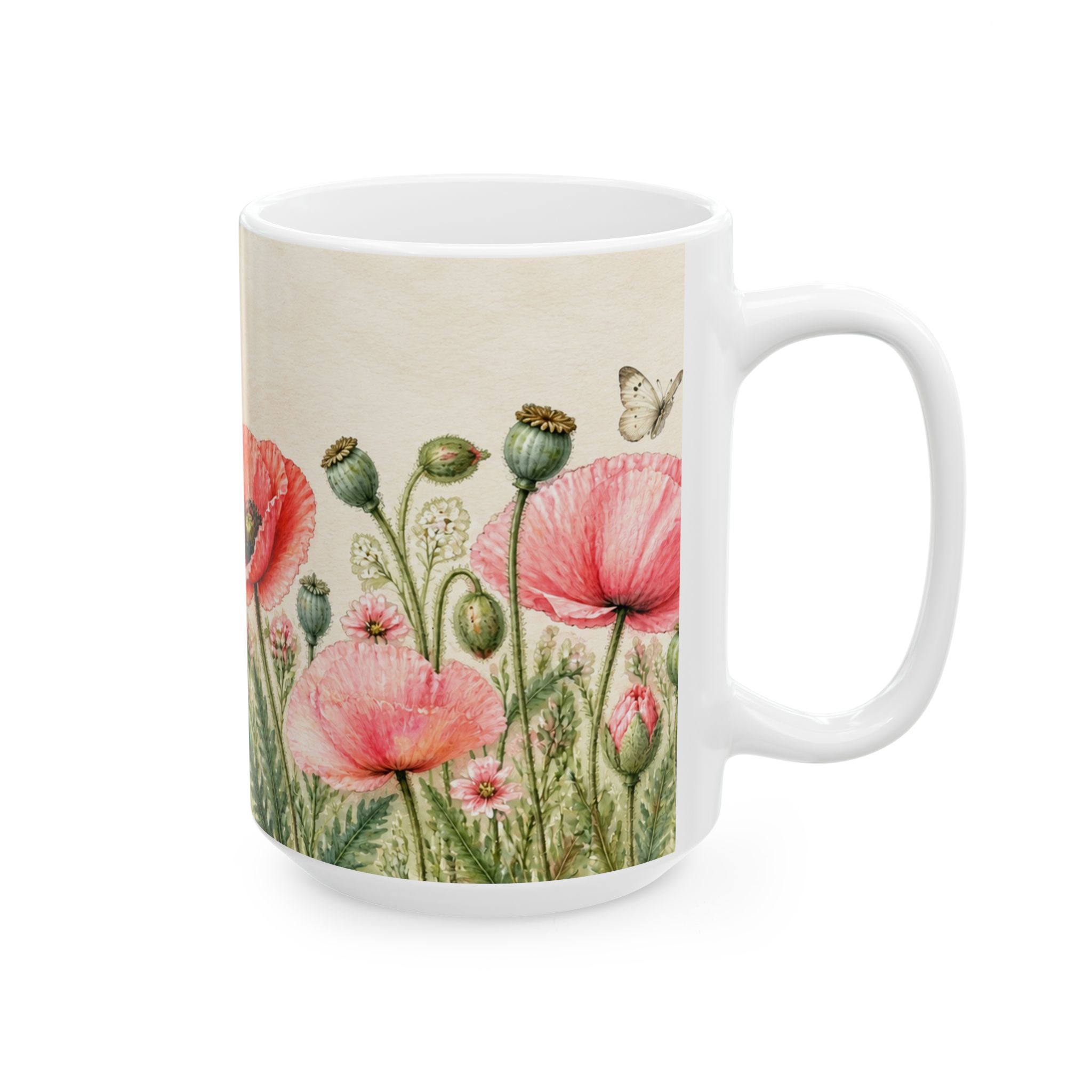 Coral pink poppy floral mug with seed pods and butterflies — view 8