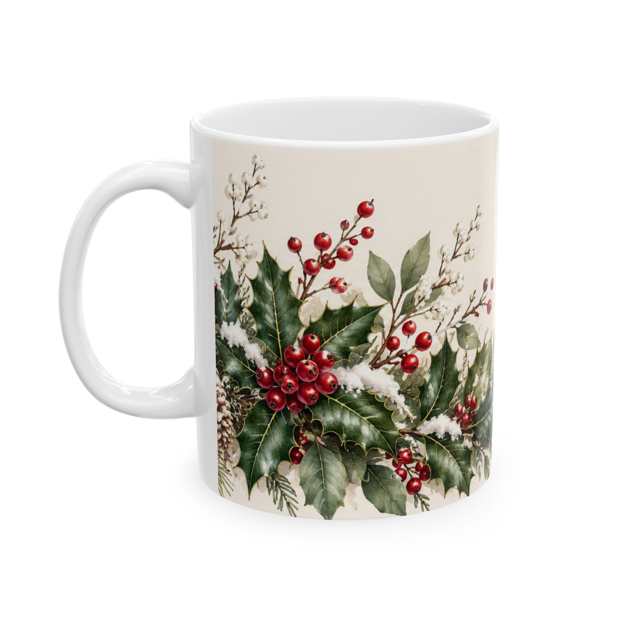 Holly coffee mug with red winterberries snowy greenery and chickadees — view 3