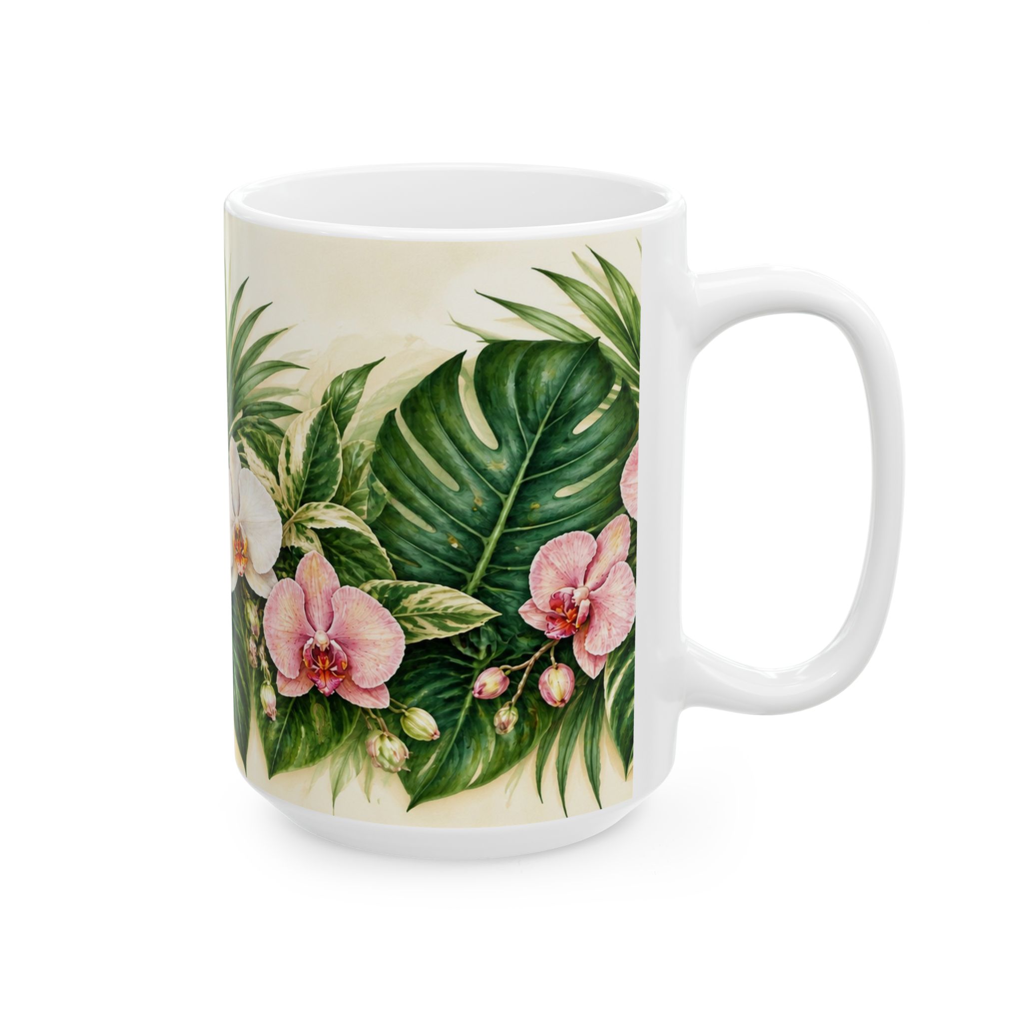 Tropical monstera and orchid botanical coffee mug — view 8