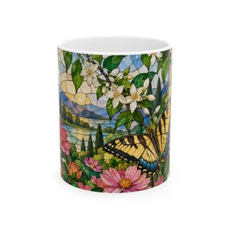 Butterfly mug with monarch and swallowtail butterflies in a colorful glasshouse