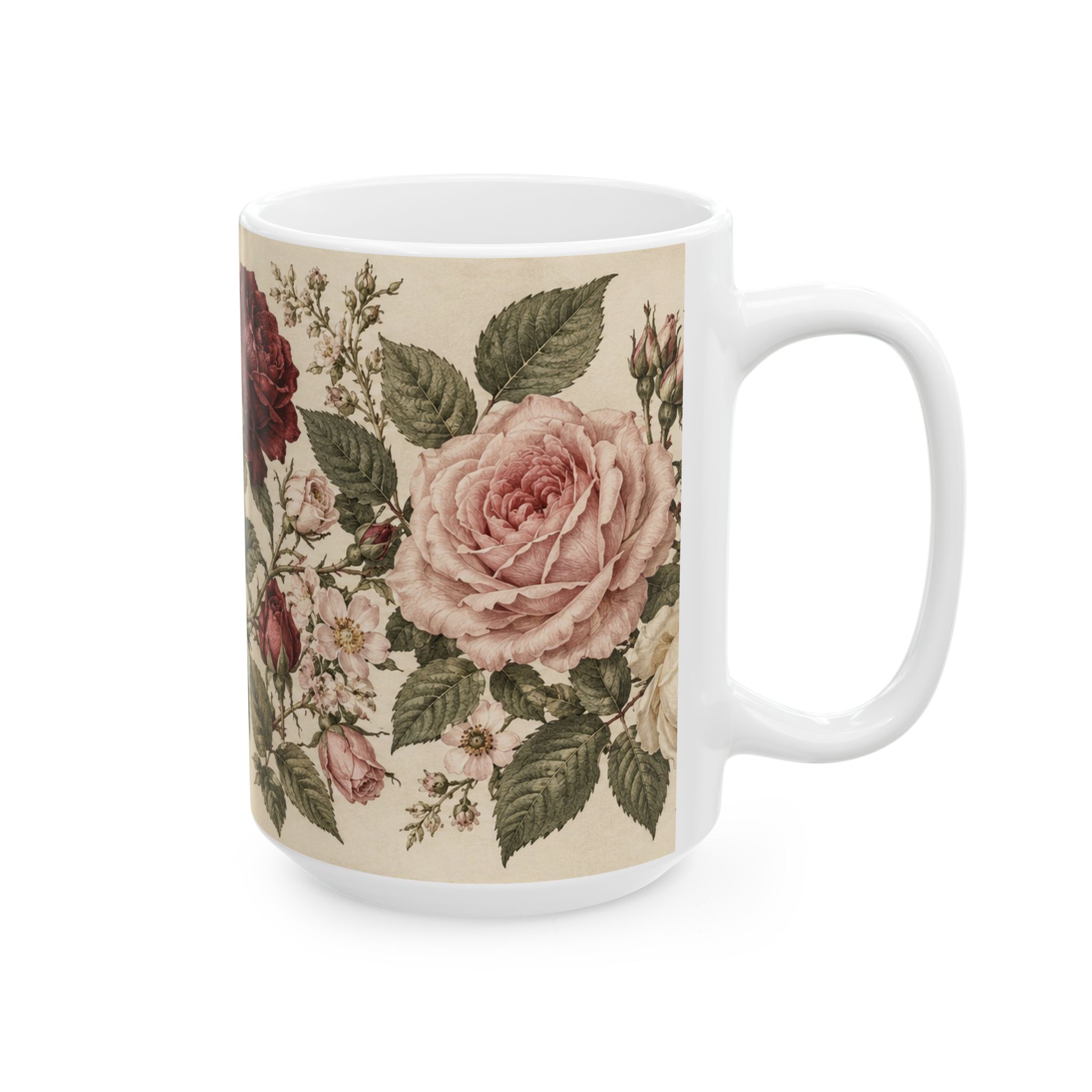 Vintage floral mug with blush, cream and burgundy roses — view 8