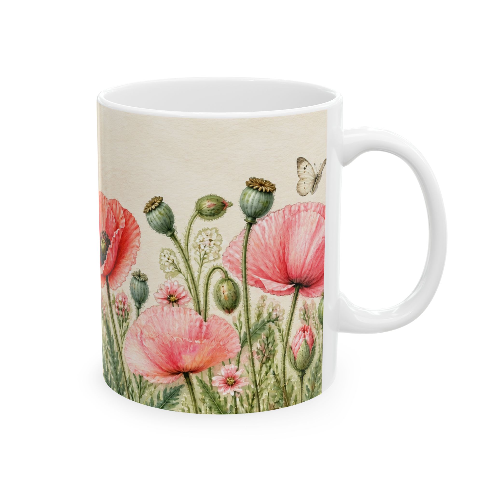 Coral pink poppy floral mug with seed pods and butterflies — view 4