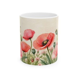 Coral pink poppy floral mug with seed pods and butterflies