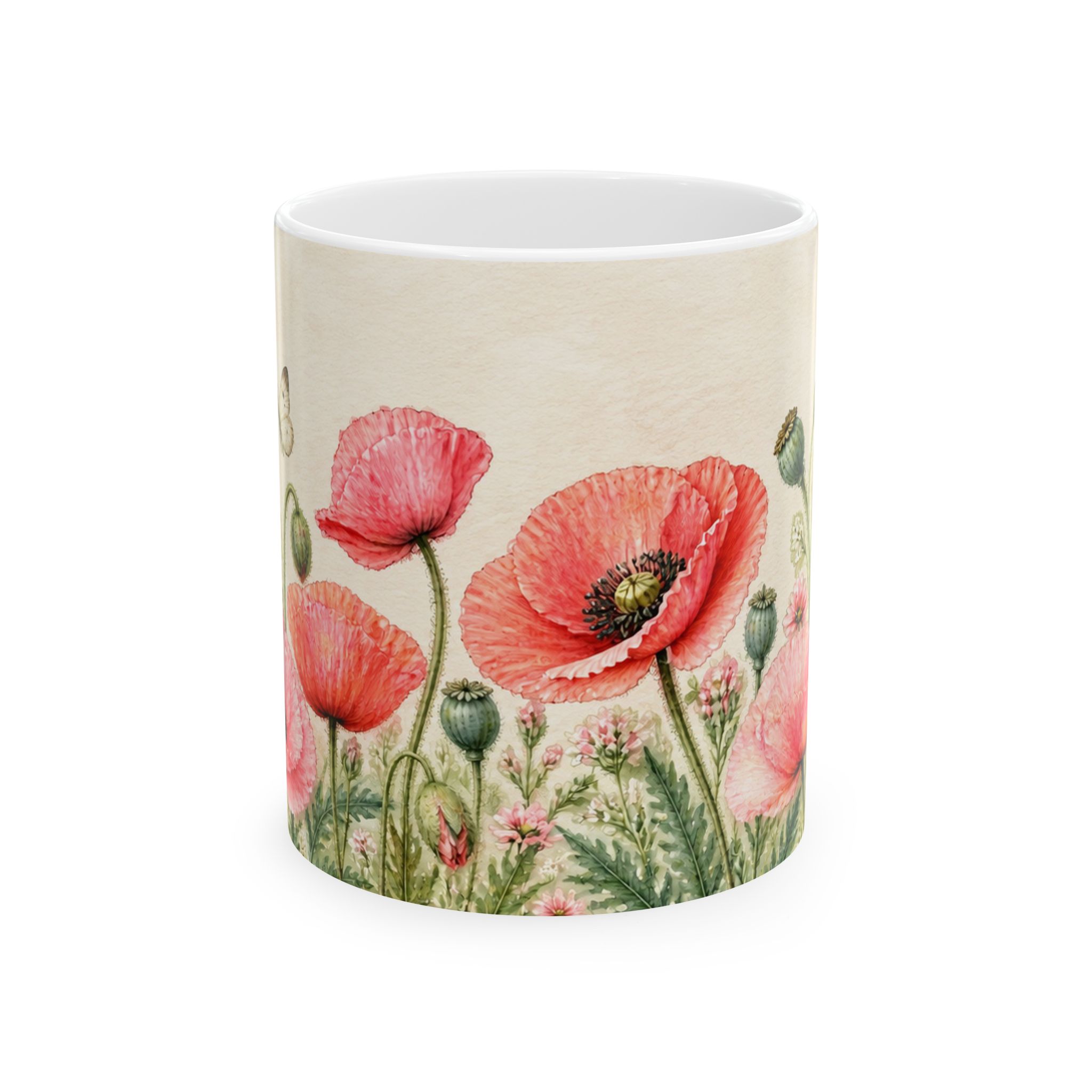 Coral pink poppy floral mug with seed pods and butterflies