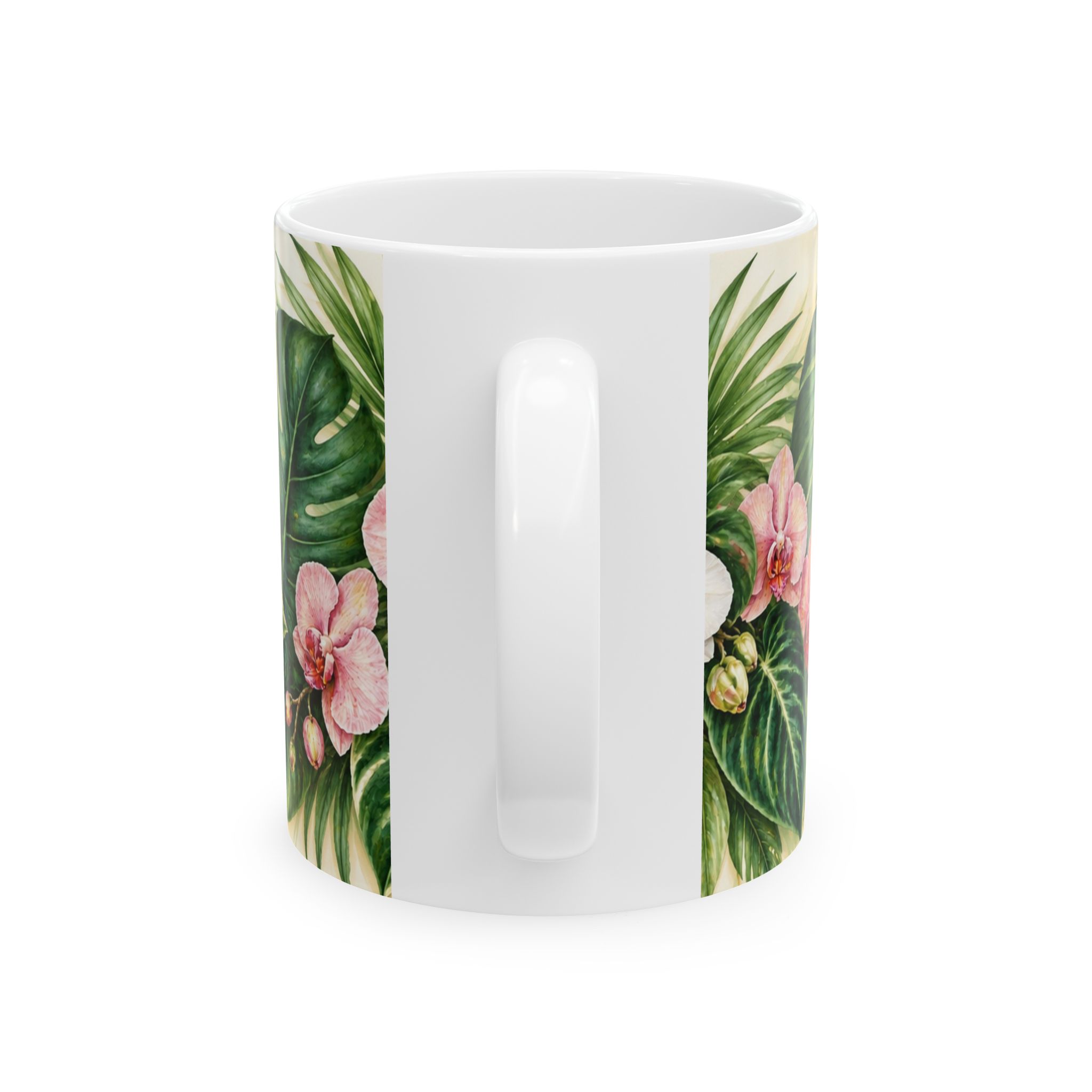 Tropical monstera and orchid botanical coffee mug — view 2