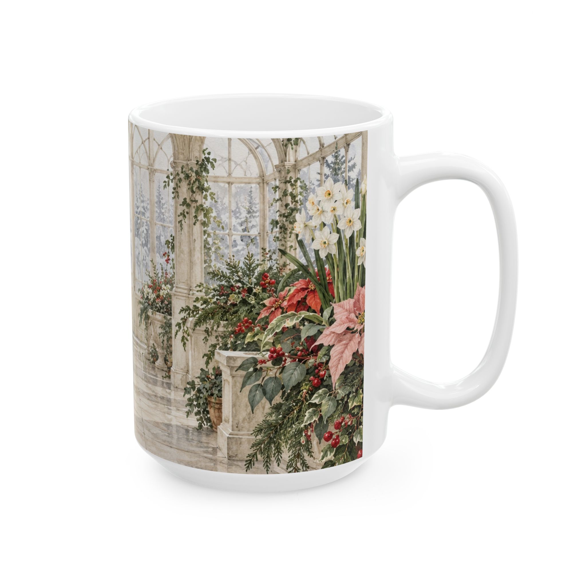 Poinsettia coffee mug with red blush and cream flowers in a winter conservatory — view 8