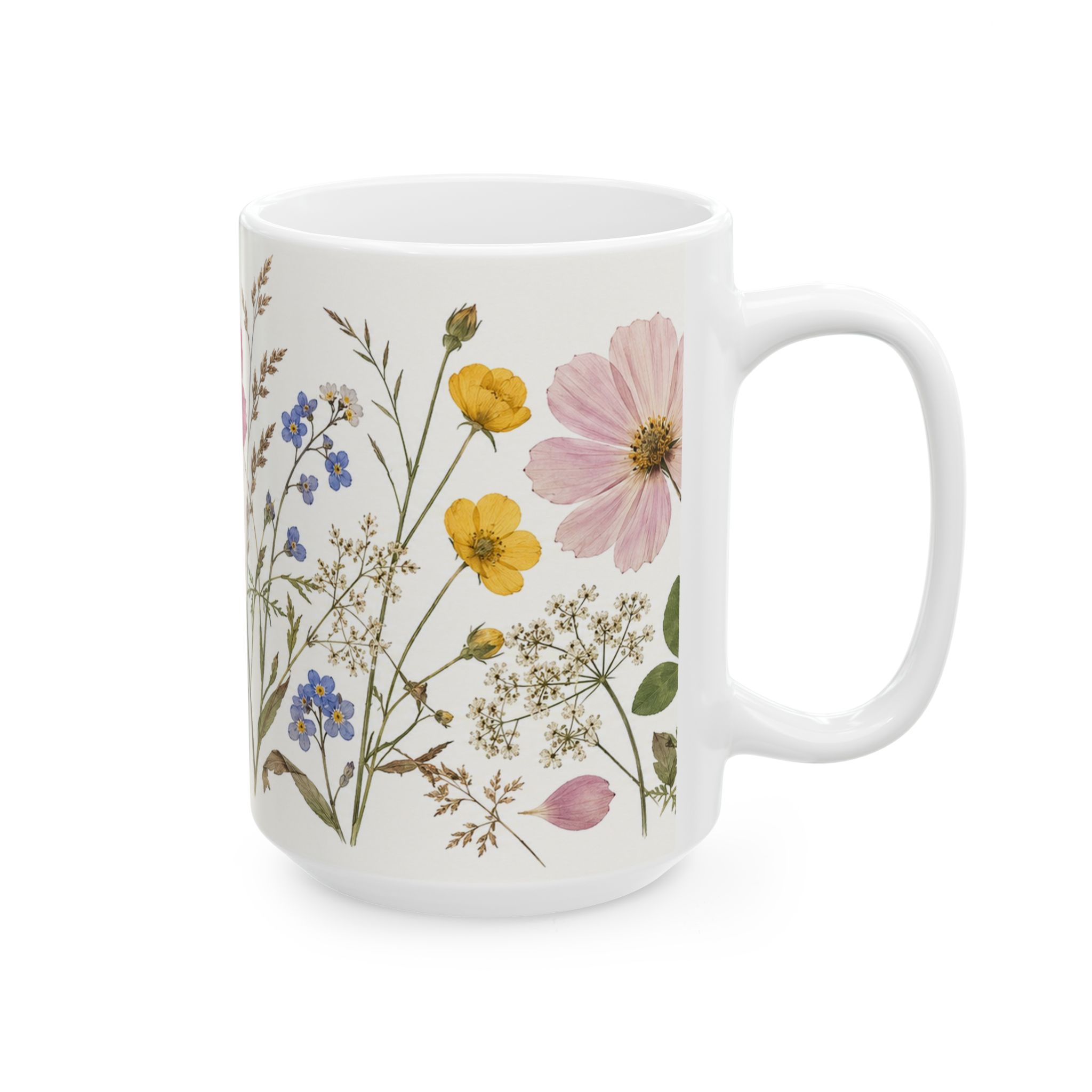 Pressed flower mug with cosmos, forget-me-nots, buttercups and clover — view 8