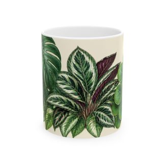 Plant lover mug with layered monstera, calathea and trailing leaves
