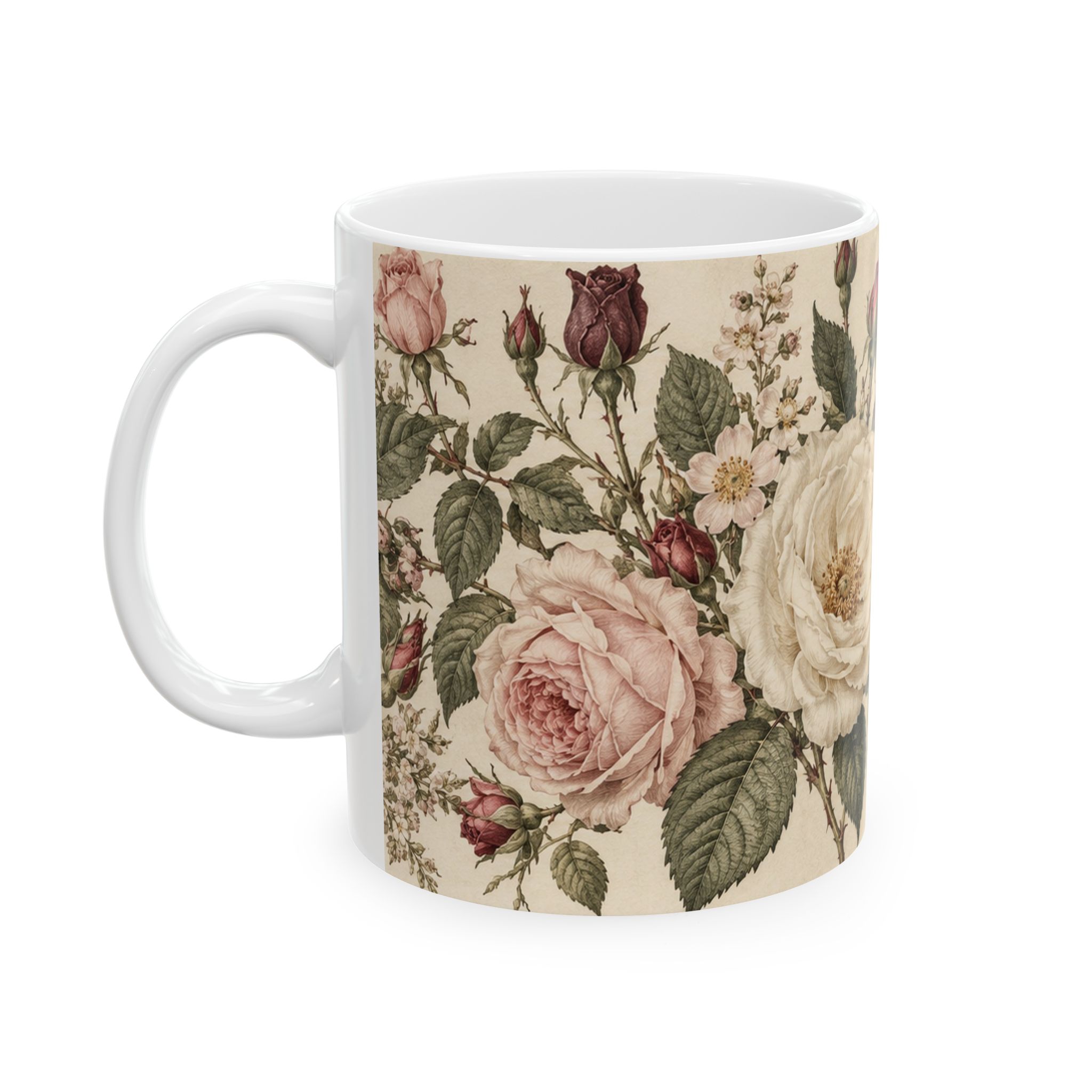 Vintage floral mug with blush, cream and burgundy roses — view 3