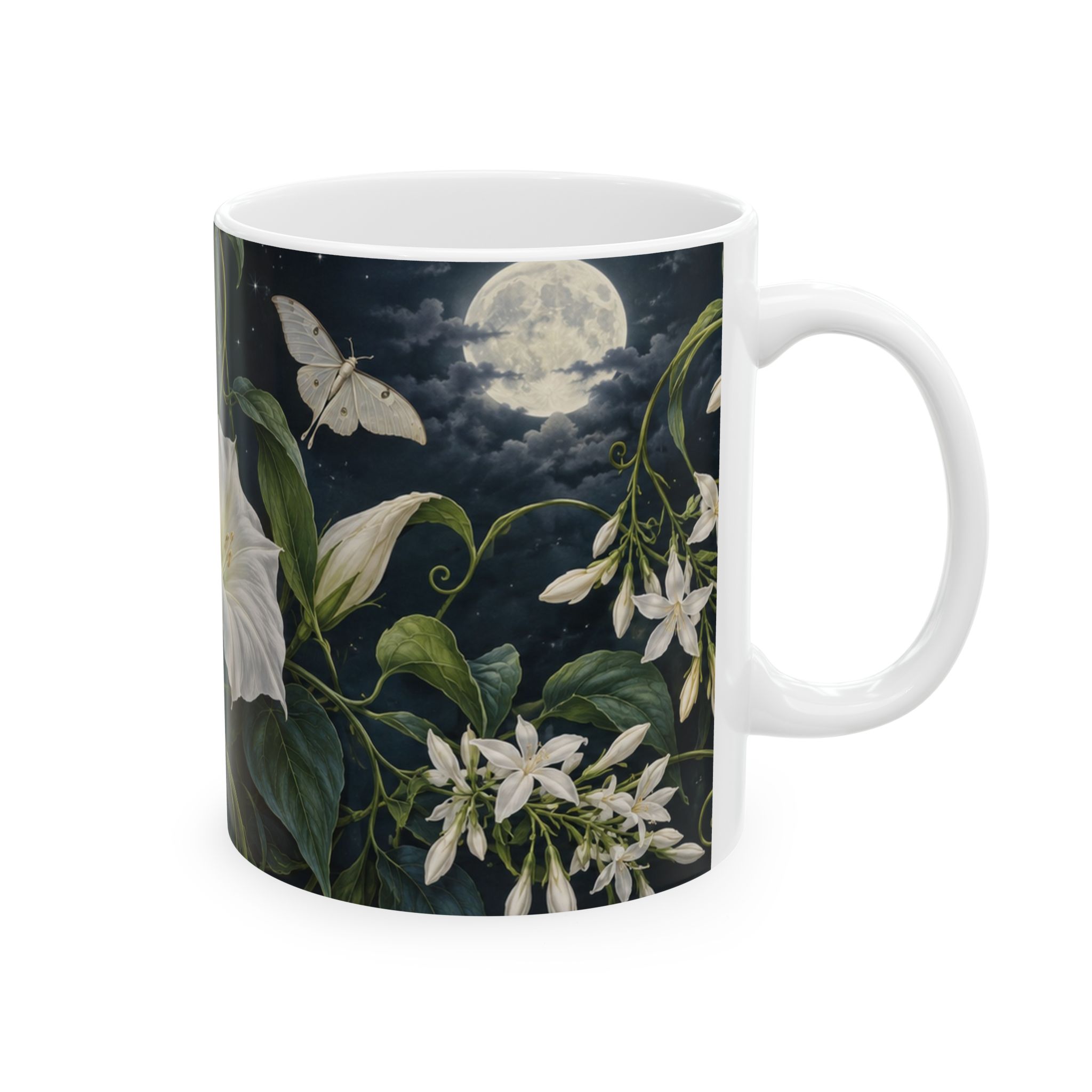 Night-blooming jasmine and moonflower mug with pale moths — view 4