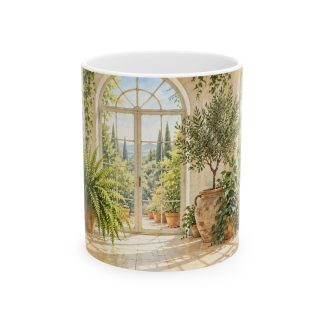 Greenhouse plant mug with monstera, pothos, calathea, ferns and terracotta pots