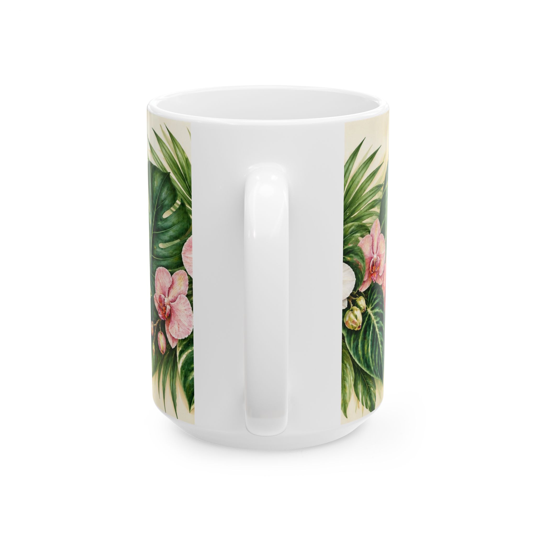 Tropical monstera and orchid botanical coffee mug — view 6
