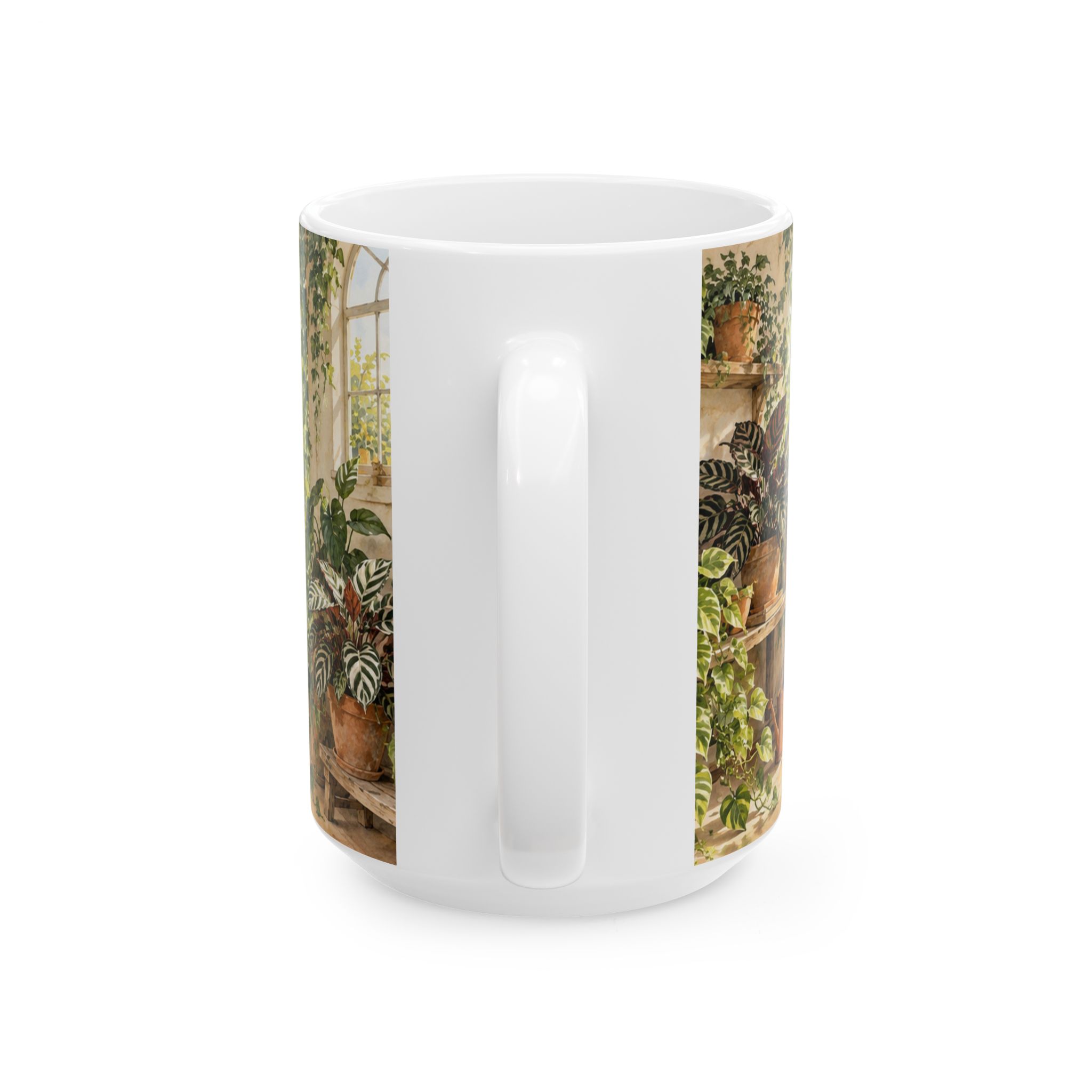 Greenhouse plant mug with monstera, pothos, calathea, ferns and terracotta pots — view 6