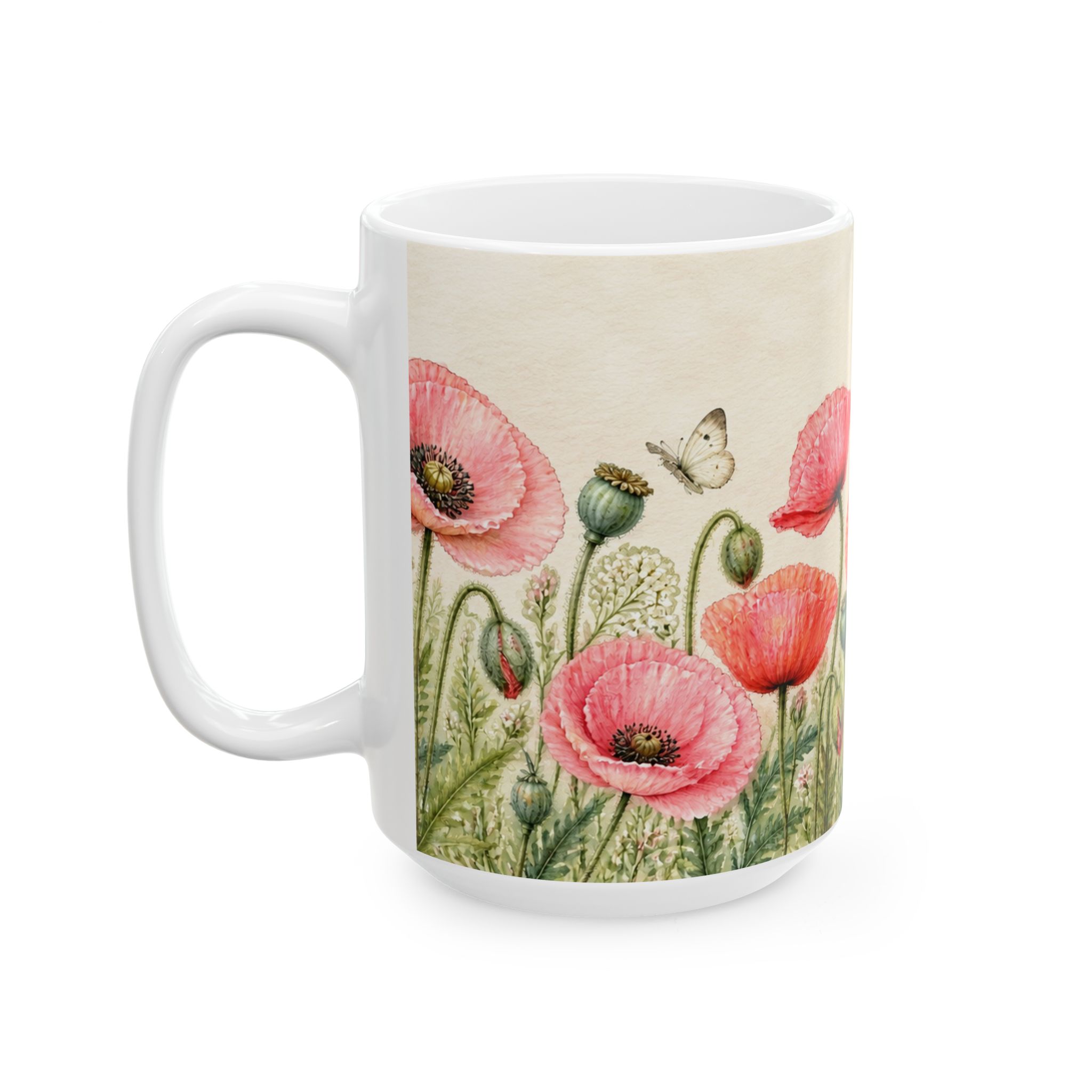 Coral pink poppy floral mug with seed pods and butterflies — view 7