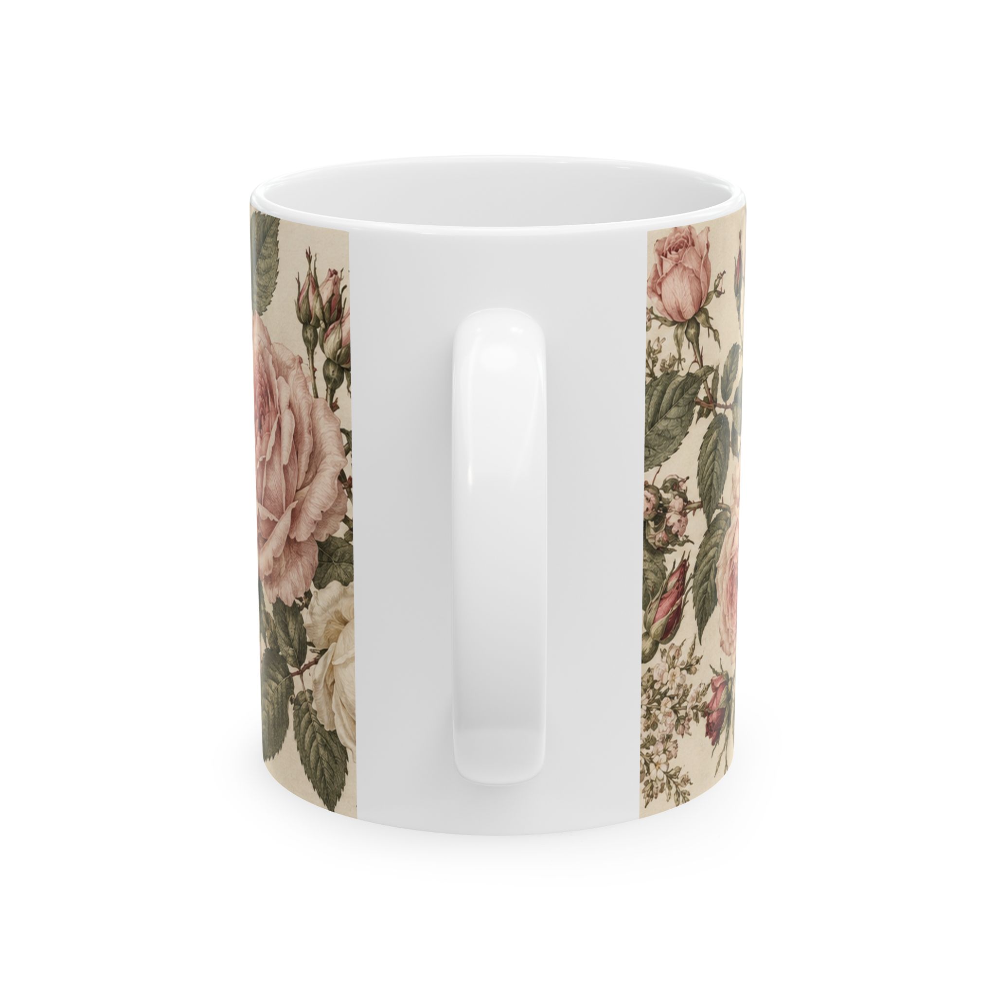 Vintage floral mug with blush, cream and burgundy roses — view 2