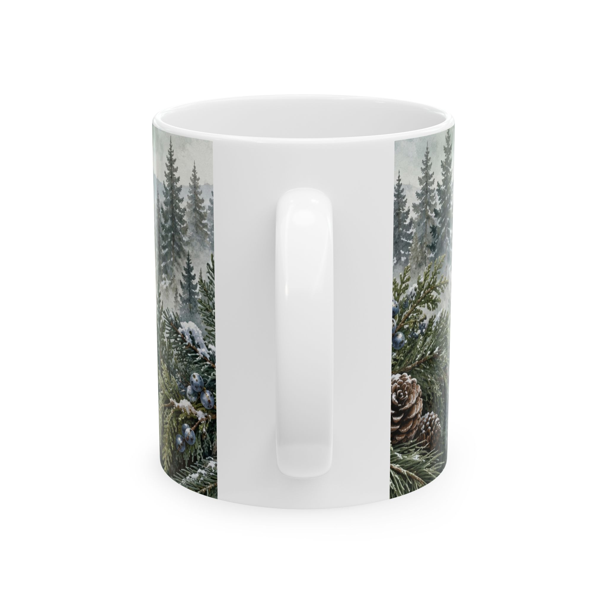 Evergreen coffee mug with snowy pine fir cedar juniper and pinecones — view 2