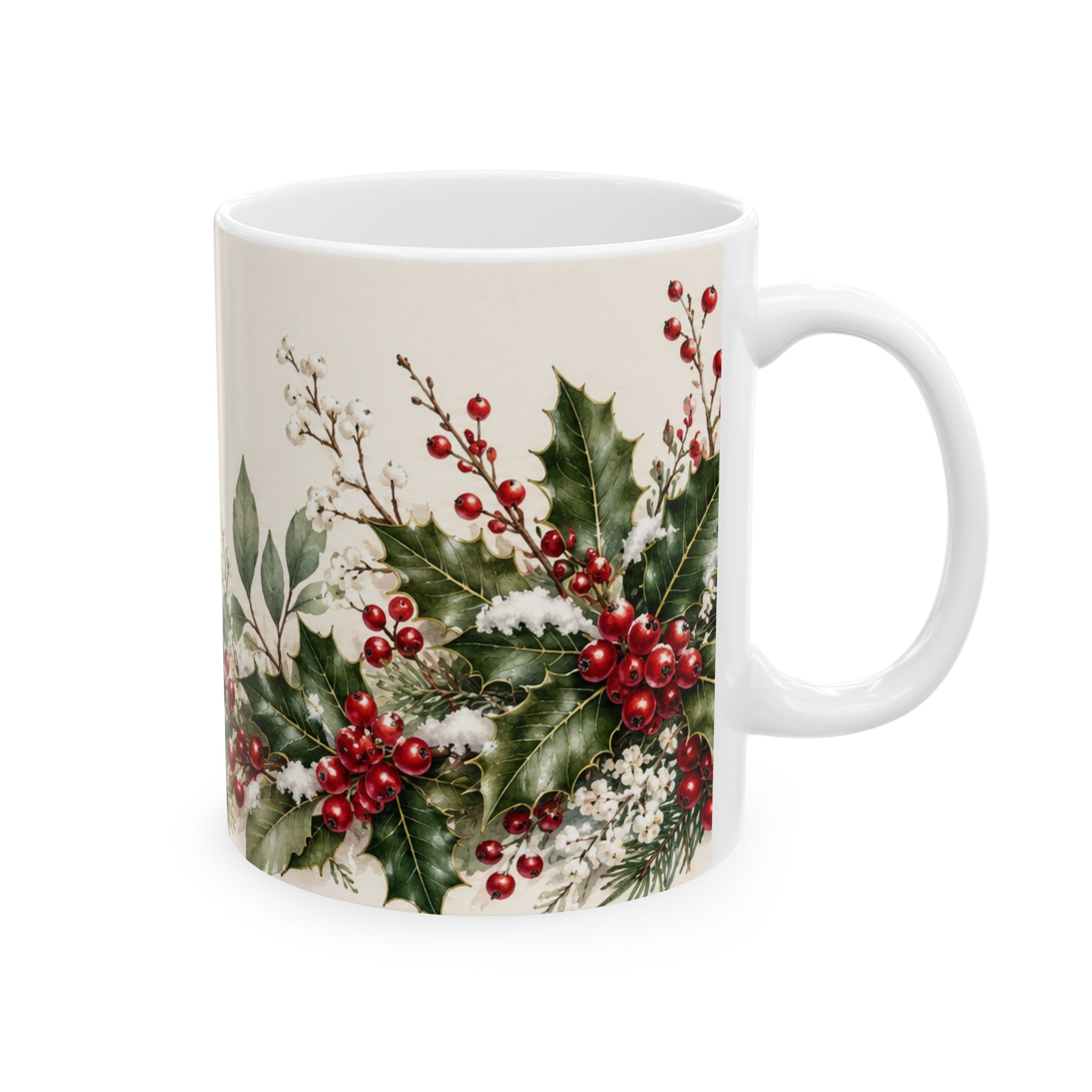 Holly coffee mug with red winterberries snowy greenery and chickadees — view 4