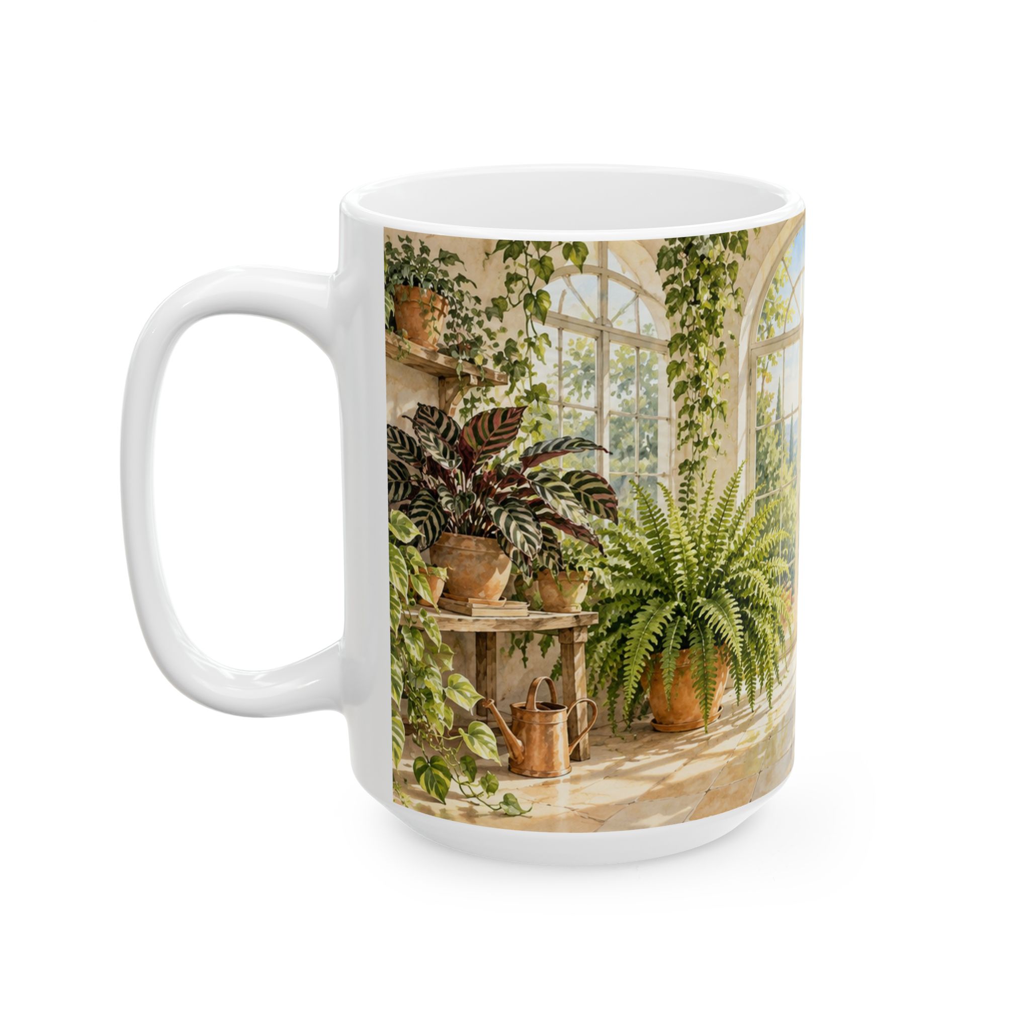 Greenhouse plant mug with monstera, pothos, calathea, ferns and terracotta pots — view 7