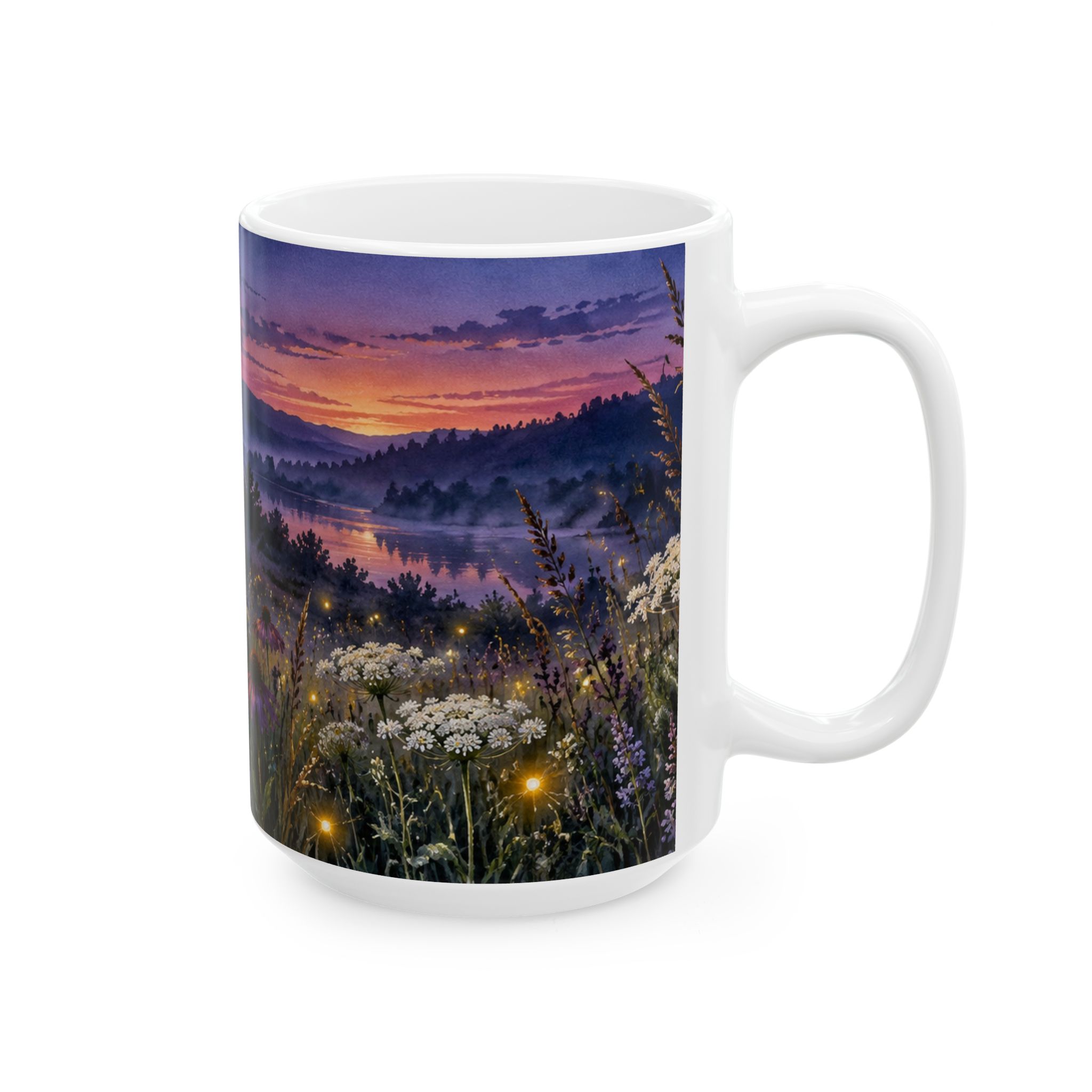Twilight wildflower mug with glowing fireflies and Queen Anne's lace — view 8